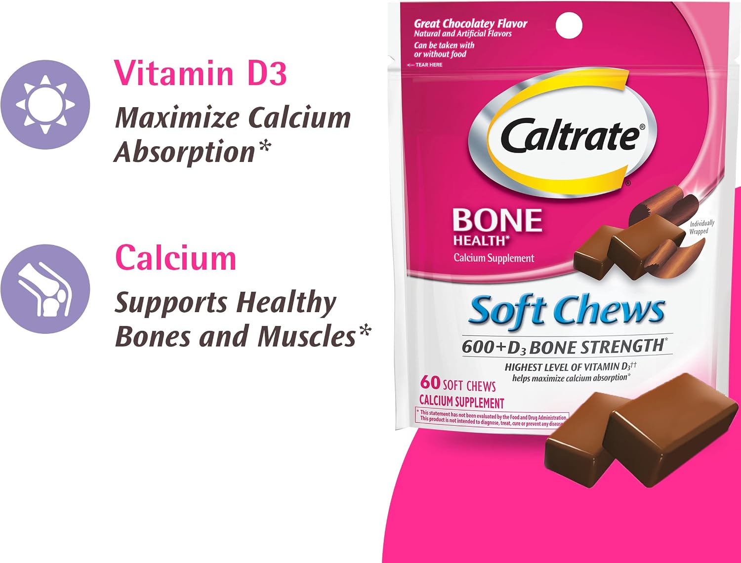 Caltrate Soft Chews 600 Plus D3 Calcium Vitamin D Supplement, Chocolate Truffle - 60 Count