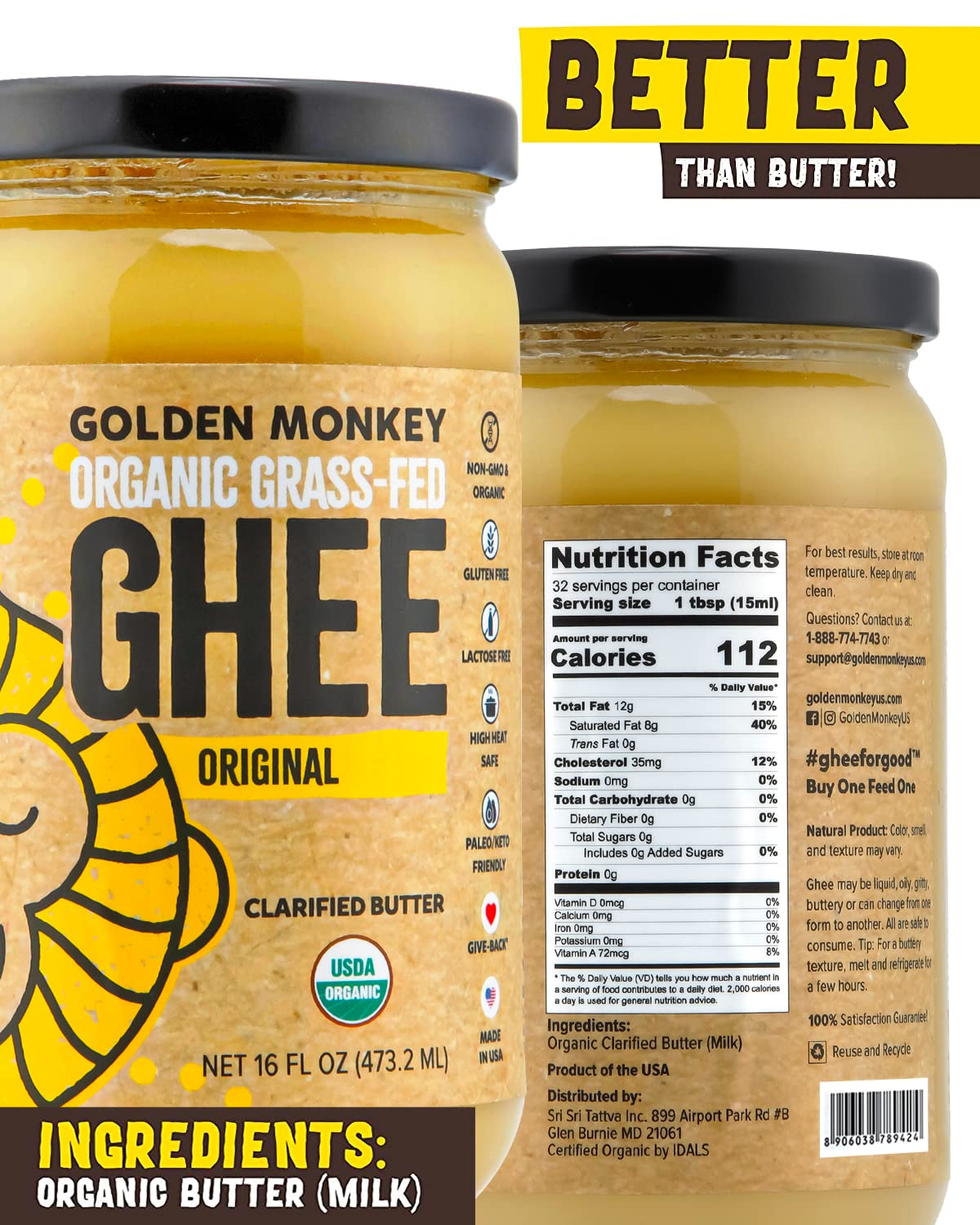 GOLDEN MONKEY Organic Ghee Butter – Grass Fed Clarified Butter for Cooking, Baking