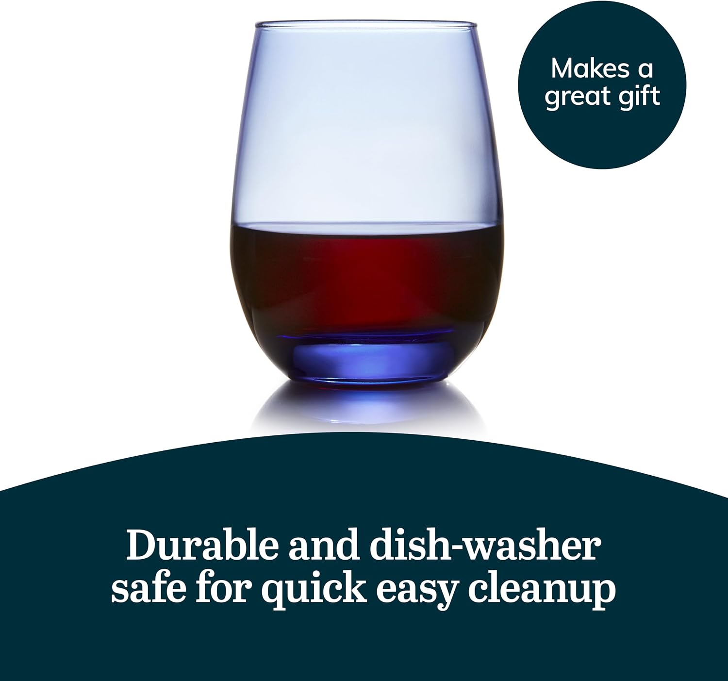 Libbey Classic Blue All-Purpose Stemless Wine Glasses Set 6, Timeless Wine Cups Set of 6, 15.25 Oz, Wine Glass Set for Dinners, Weeknights
