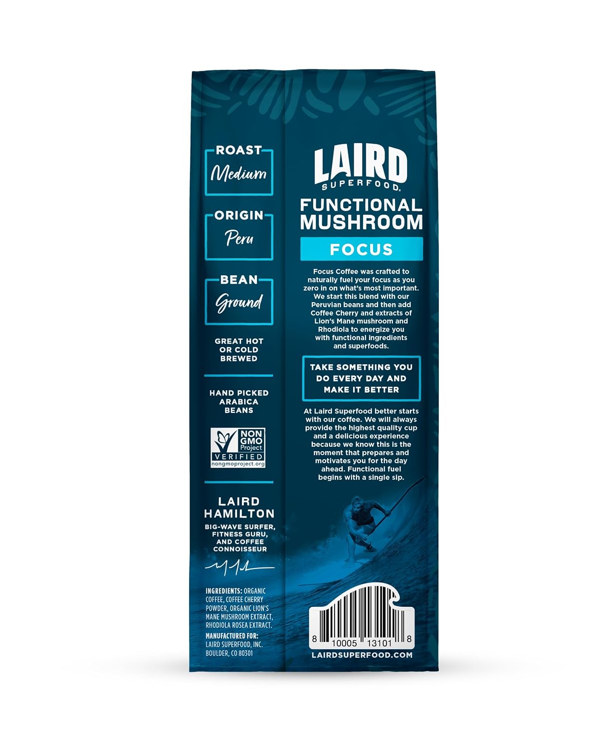 Laird Superfood Peruvian Dark Roast Coffee with Functional Mushrooms, Certified Organic Peruvian Ground Coffee Beans, Gluten-Free, Dairy-Free, Non-GMO