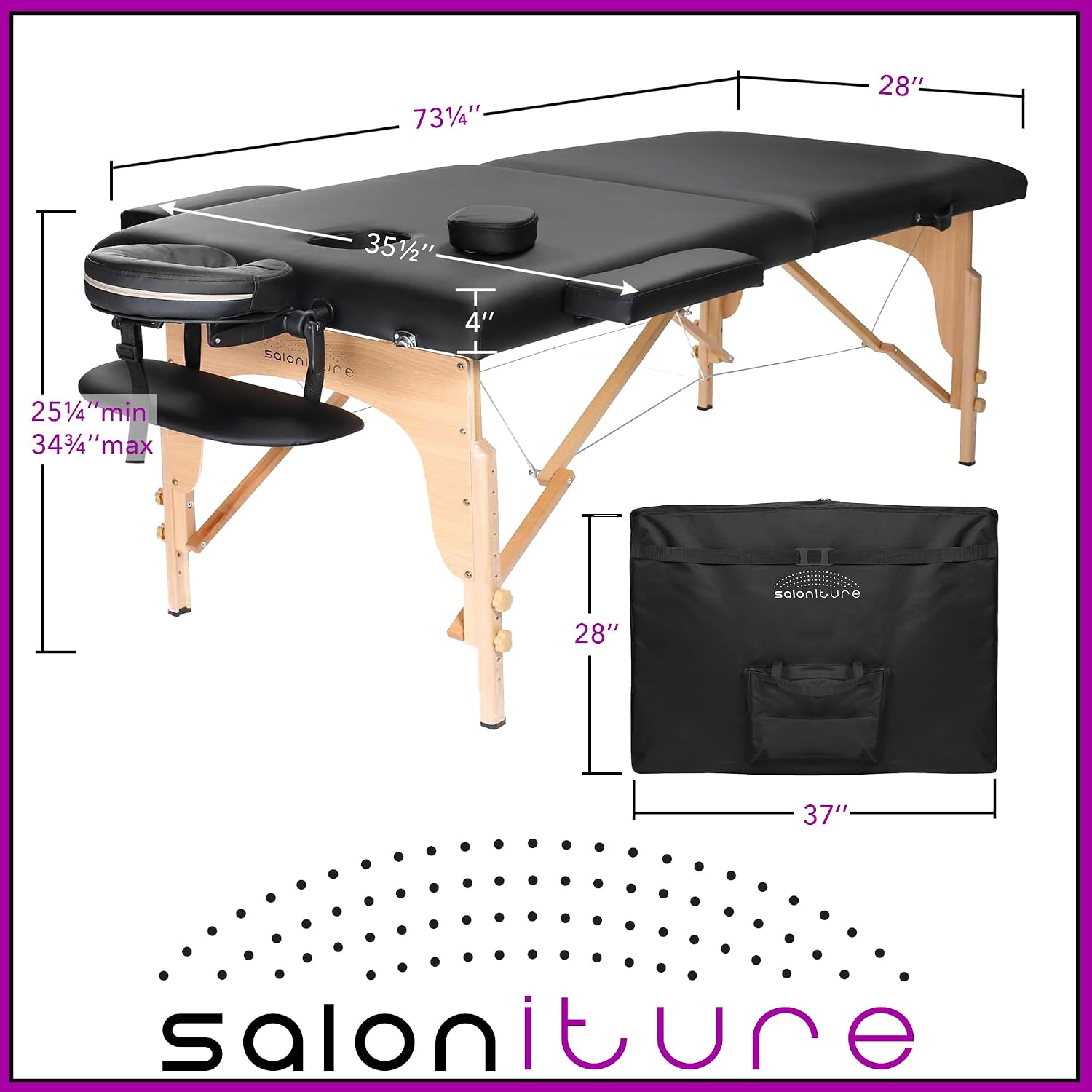 Saloniture Professional Portable Folding Massage Table with Carrying Case - Black