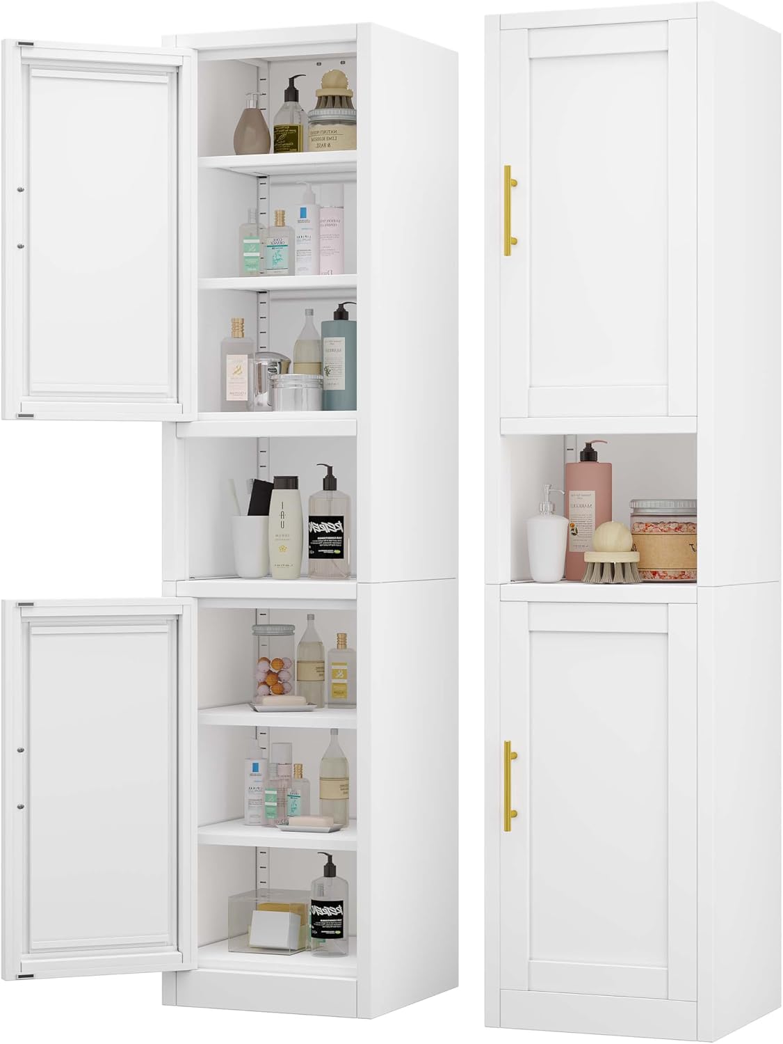 pozdeg 67" Tall Narrow White Metal Storage Cabinet | 2 Doors, 4 Adjustable Shelves, Freestanding Slim Pantry Organizer for Bathroom Kitchen Living Room