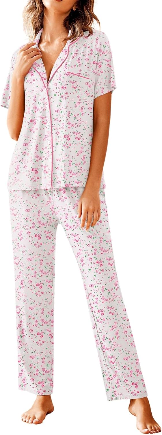 Avidlove Women Pajamas Set Notch Collar Soft Sleepwear Pjs Short Sleeve Button Down Nightwear with Long Pants