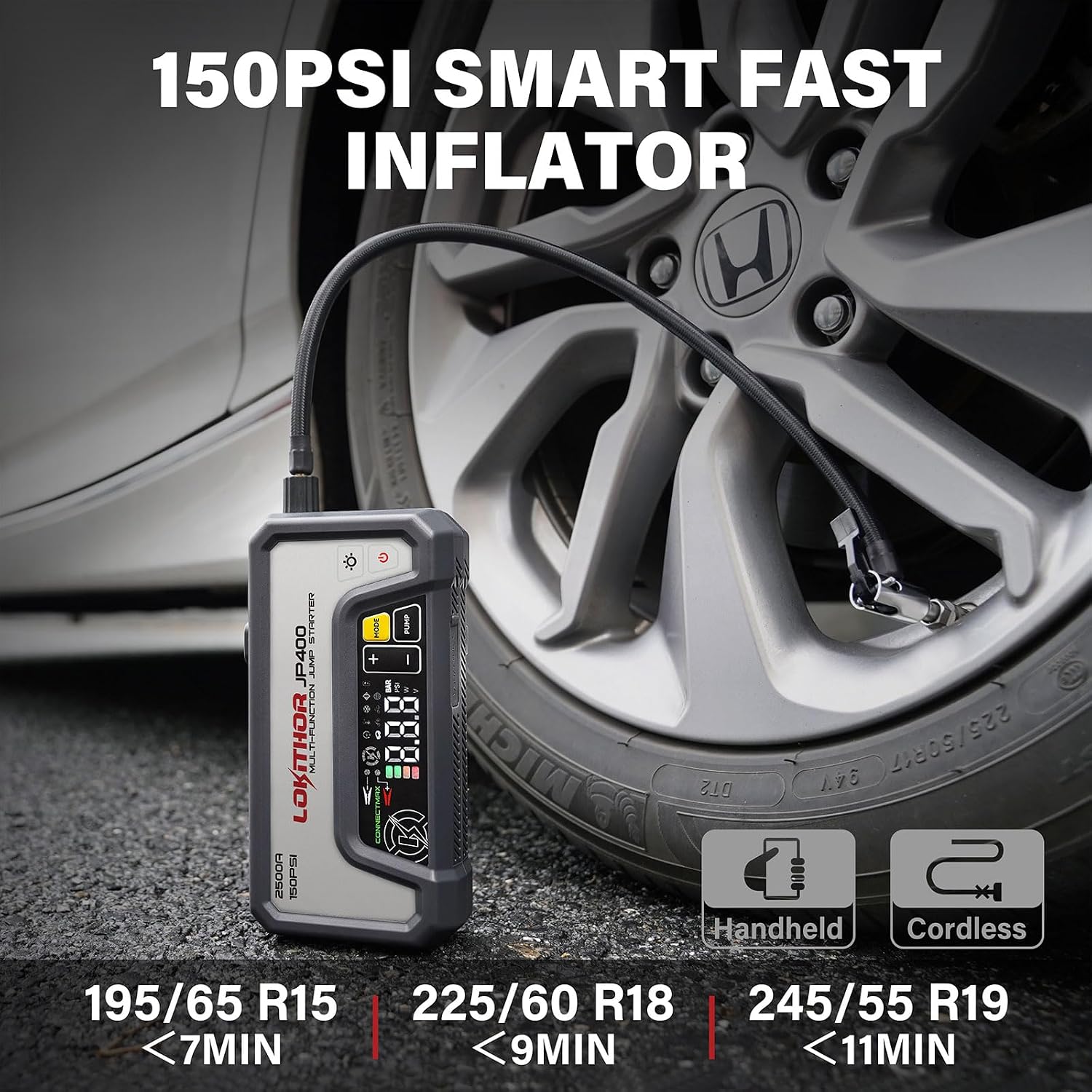LOKITHOR JP400 Jump Starter with Air Compressor for 8.5L Gas/6.5L Diesel | 2500A 12V Portable Jumper Starter for Car, 150PSI Tire Inflator, 300 Lumen LED Light, Power Bank, ConnectMax, Jumper Cables