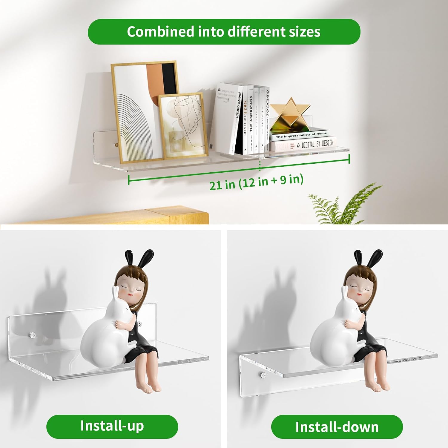 FEMELI 2 PCS 12" Acrylic Floating Shelves, Clear Shelf for Wall Display