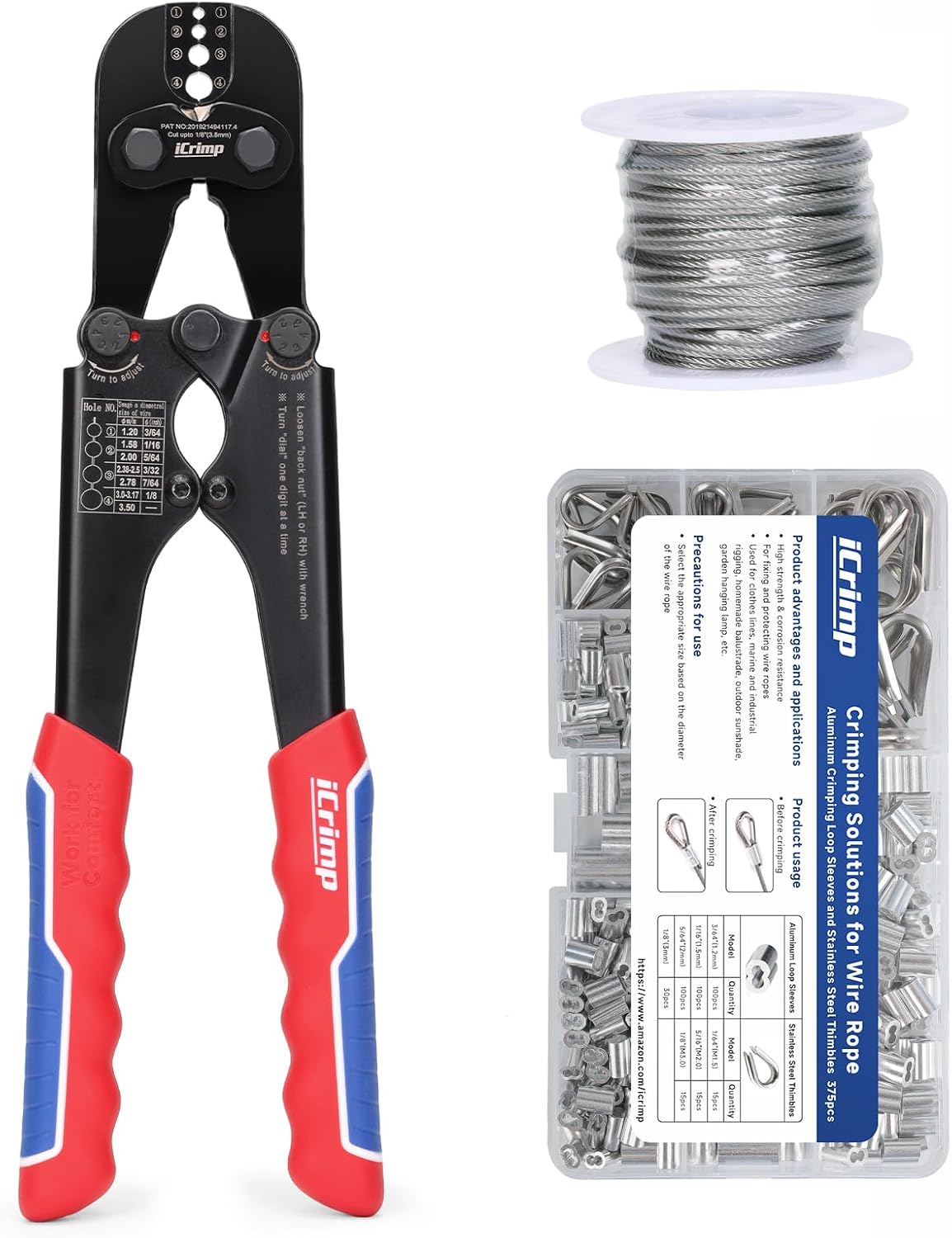 iCrimp IWS-1608M4 Wire Rope Crimper 3/64" to 1/8" 4 Dies | High carbon steel swaging tool for aluminum oval, double-barrel & annealed copper sleeves; ideal for railing, cable & fishing