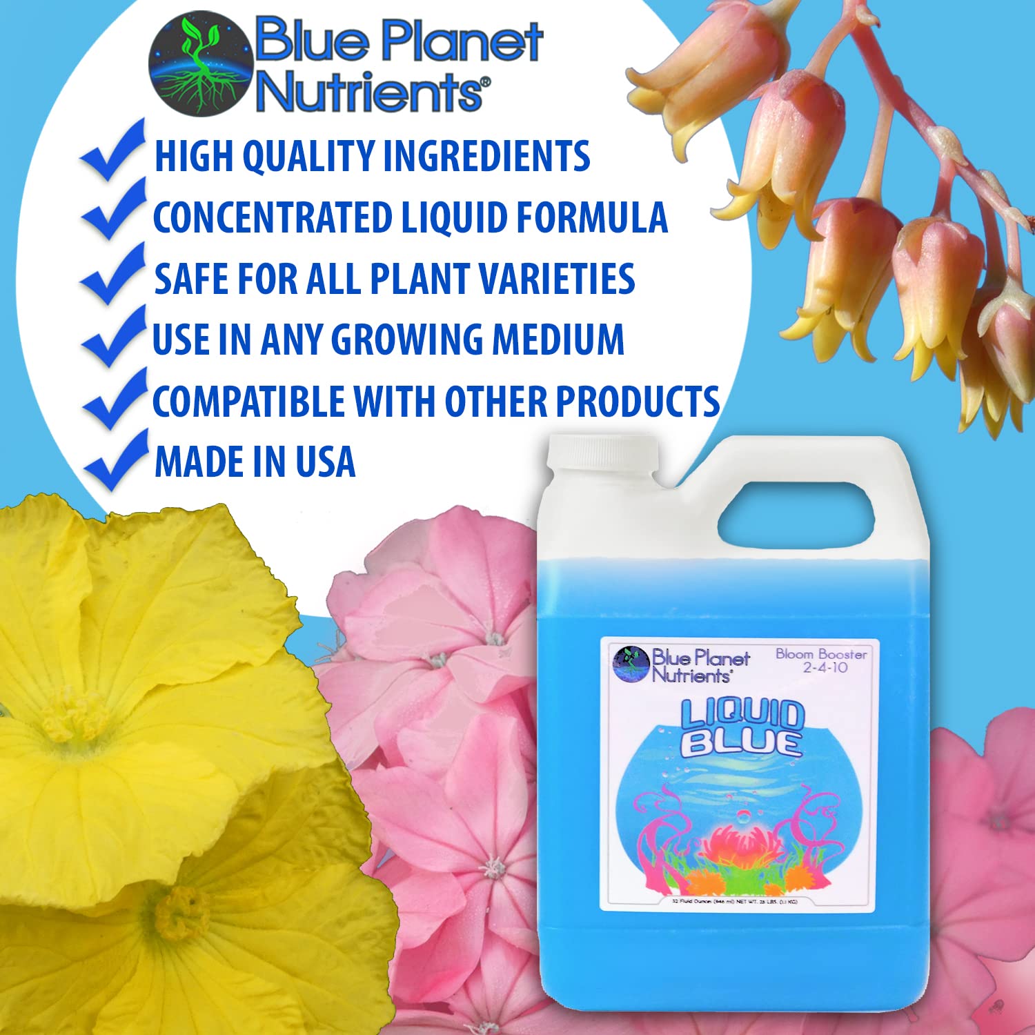 Bloom Booster Fertilizer Liquid PK Enhancer - Blue Planet Nutrients Liquid Blue for Bigger Flowers & Yields - Quart