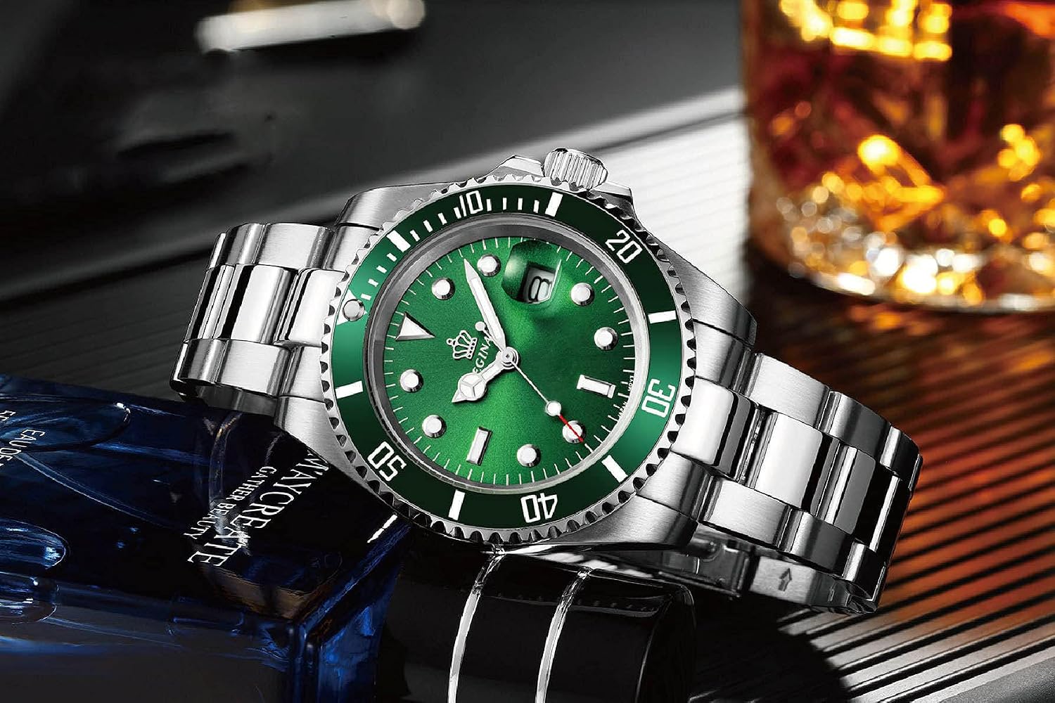 FANMIS Mens Luxury Watches Rotatable Bezel Sapphire Glass Luminous Hand Quartz Silver Tone Stainless Steel Watch