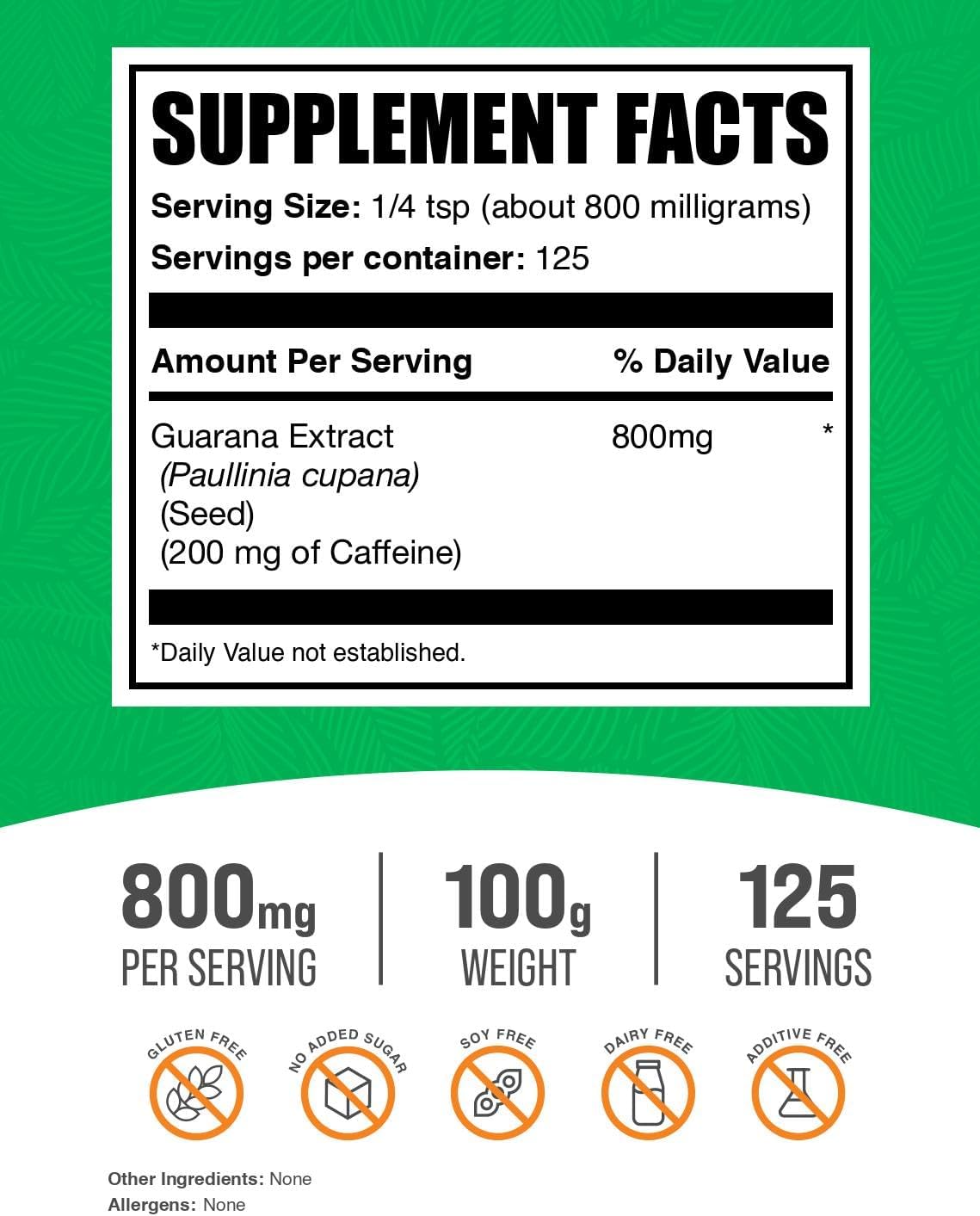 BulkSupplements.com Guarana Extract Powder - Natural Caffeine Supplement, from Guarana Seed, Guarana Powder - Gluten Free, 800mg per Serving, 100g (3.5 oz) (Pack of 1)
