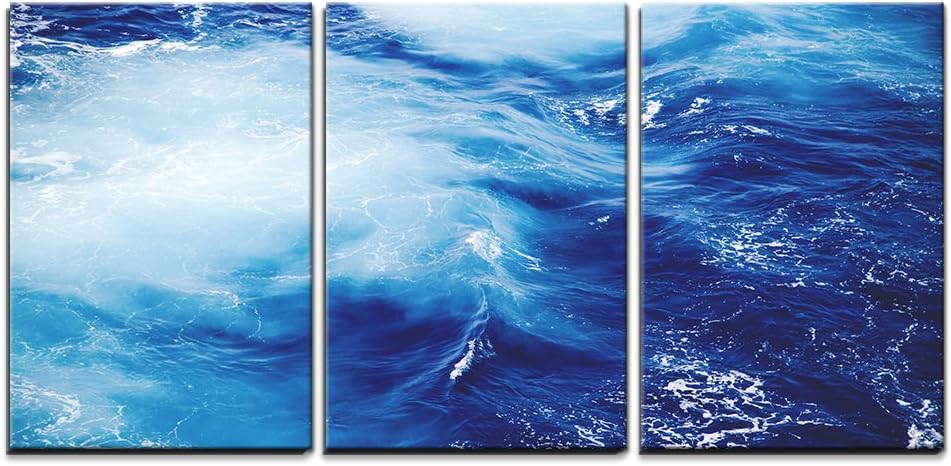 wall26 - 3 Piece Canvas Wall Art - Blue Ocean Waves - Modern Home Art Stretched and Framed Ready to Hang - 16"x24"x3 Panels