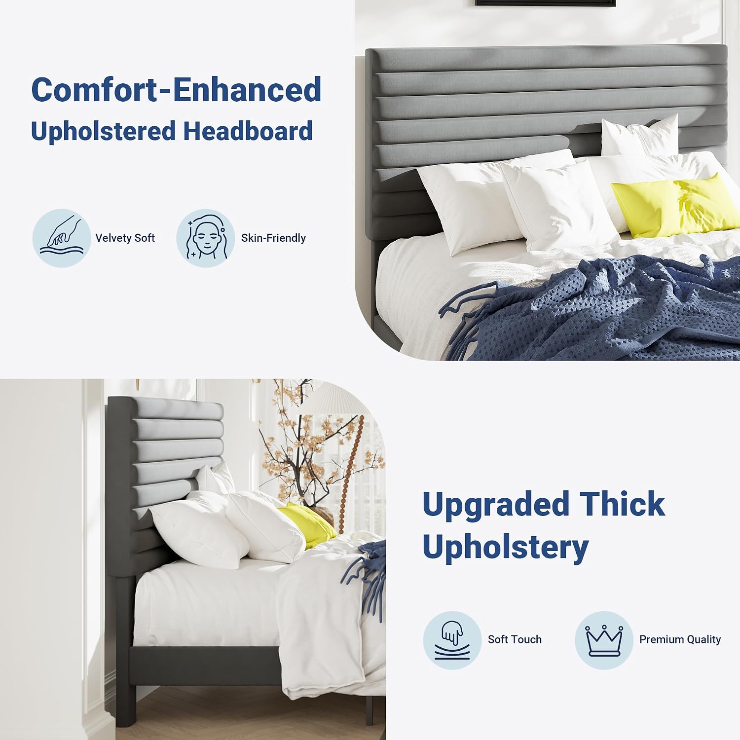 Allewie Queen Bed Frame, Velvet Upholstered Platform Bed with Adjustable Headboard, Horizontal Channel Design, Wood Slat Support, No Box Spring Needed, Noise Free, Easy Assembly, White
