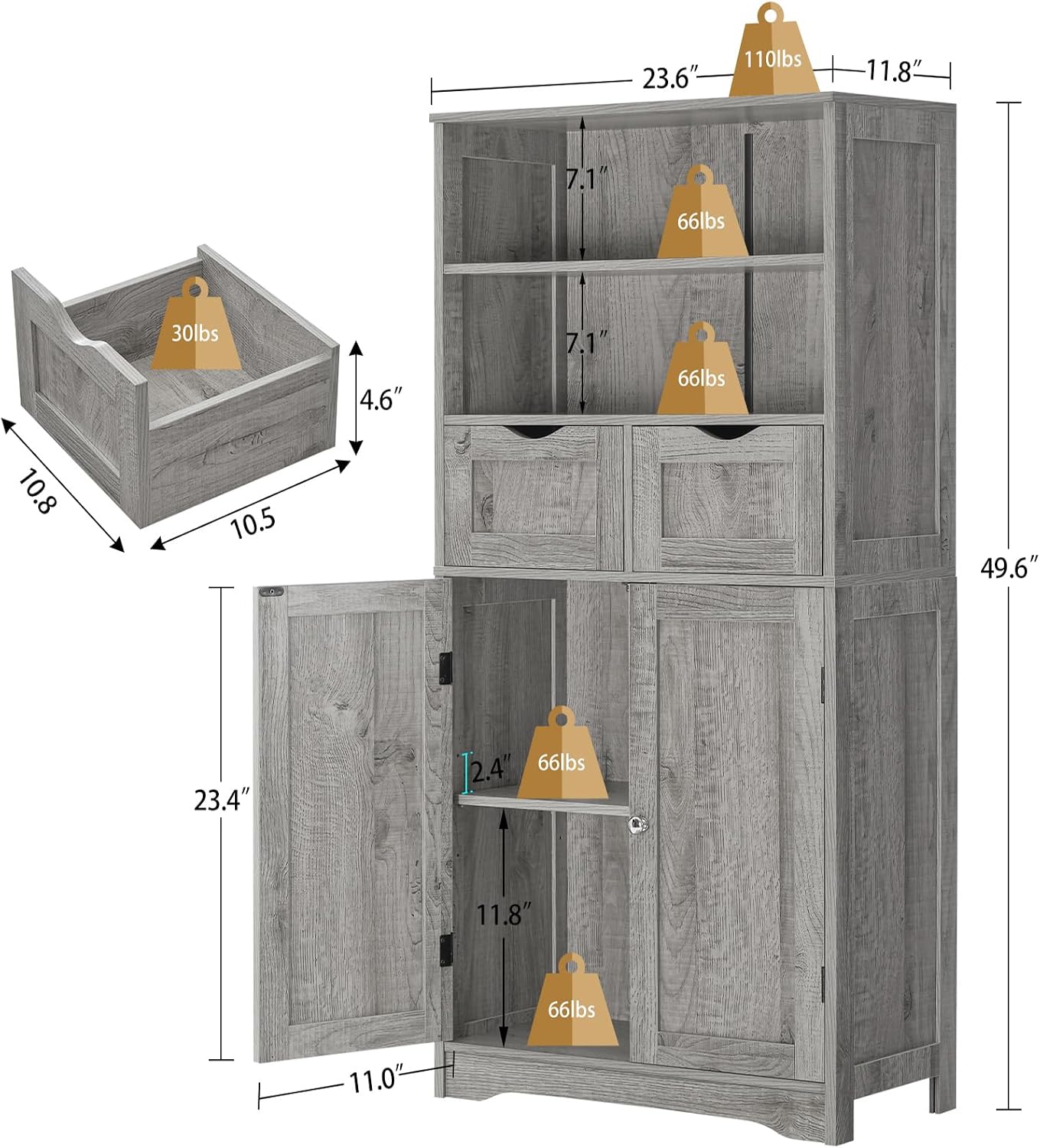 Iwell Storage Cabinet with 2 Drawers & Adjustable Shelves, Cupboard, Floor Cabinet for Living Room, Home Office, Rustic Brown