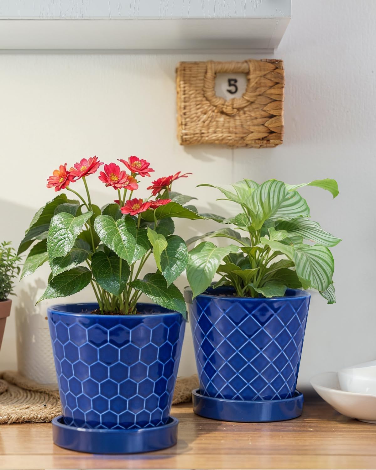 EFISPSS Ceramic Plant Pots, 5 Inch Planters with Drainage Holes and Ceramic Tray, Relief Design Flower Planter