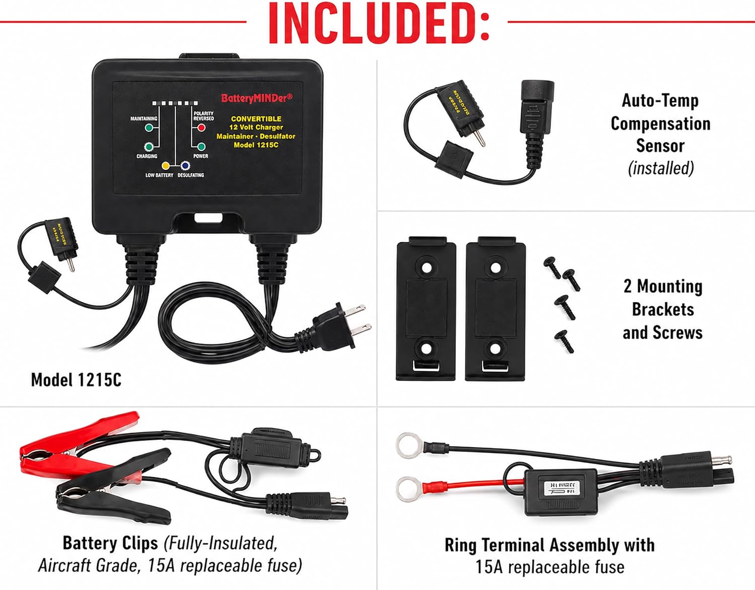 1215C 12V 1.5A Smart Trickle Charger and Maintainer | Convertible On-Board & Benchtop Battery Charger with Desulfator for Car, Motorcycle, Marine