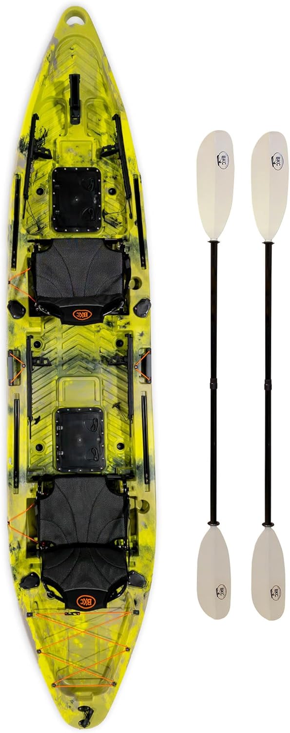 BKC Brooklyn 13.0 Pro Tandem Fishing Kayak, 2 to 3 Person | 800 lb capacity, adjustable frame seats, large dry storage, rod holders, stable wide hull, tandem or solo paddling