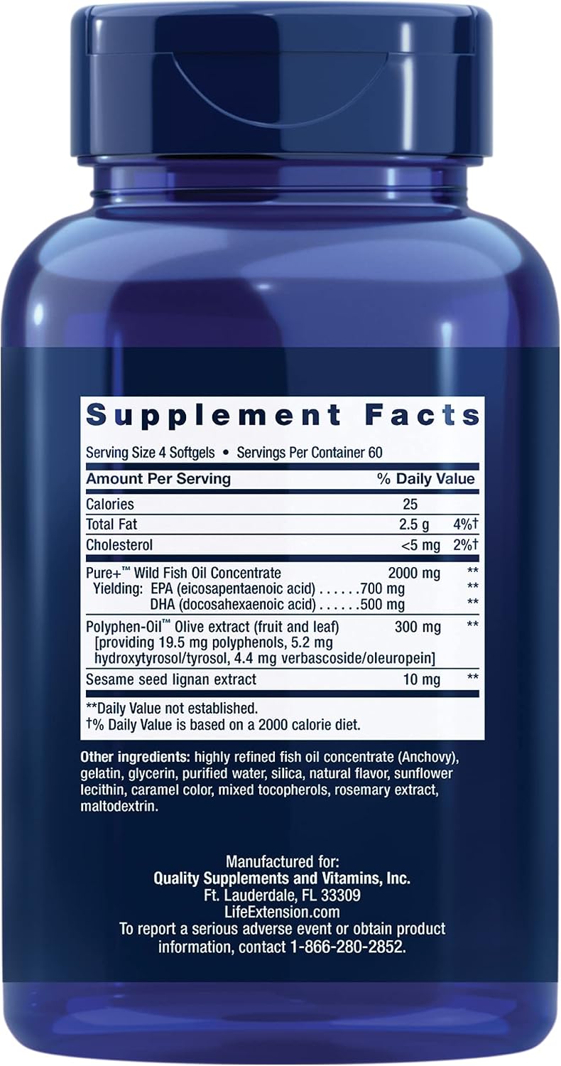 Life Extension Super Omega-3 EPA/DHA Fish Oil, Sesame Lignans & Olive Extract – Heart Health, Brain Health, Inflammation Health Support, Gluten-Free, Easy to Swallow, Non-GMO, 240 Softgels
