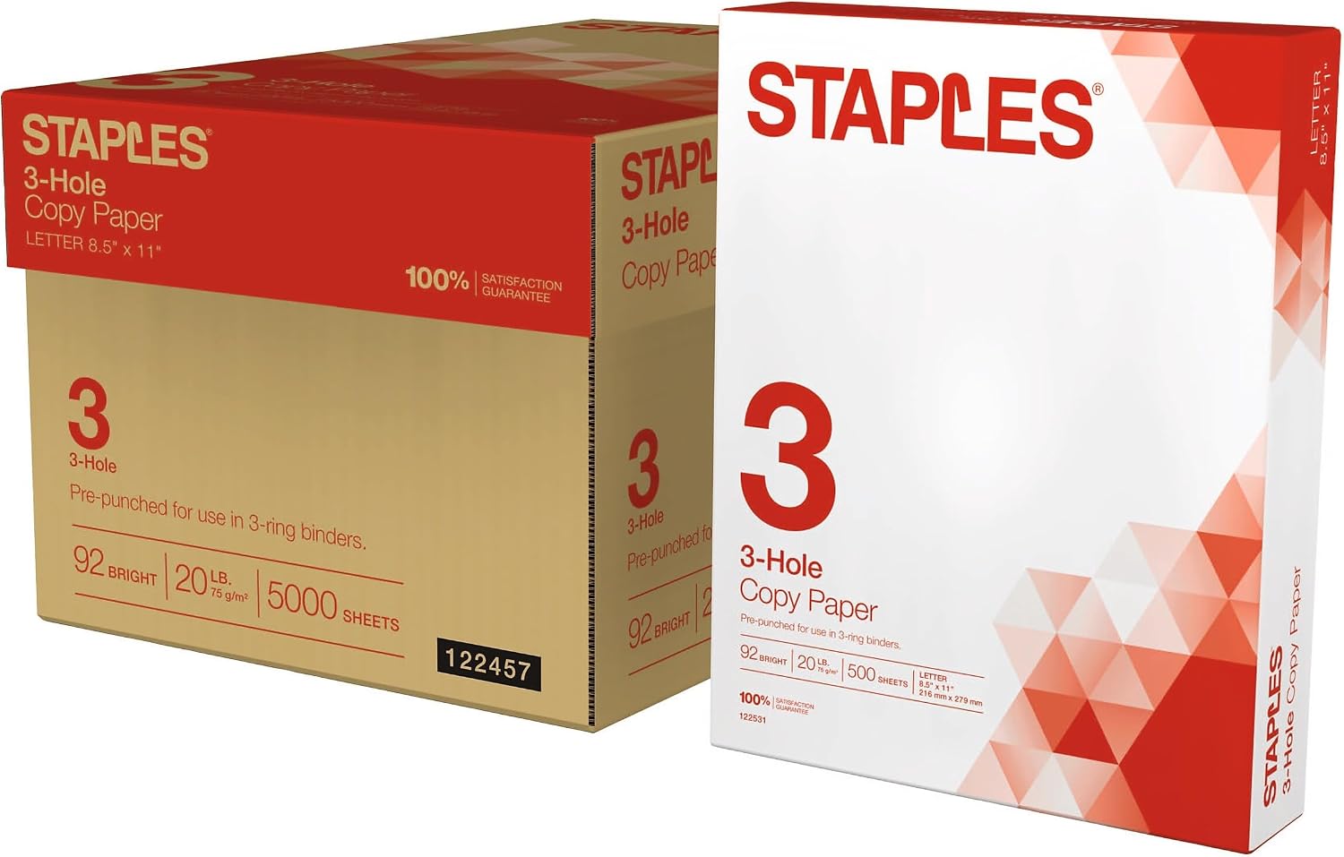 Staples 8.5" x 11" 3-Hole Punched Copy Paper, 20 lbs., 92 Brightness, 500/Ream