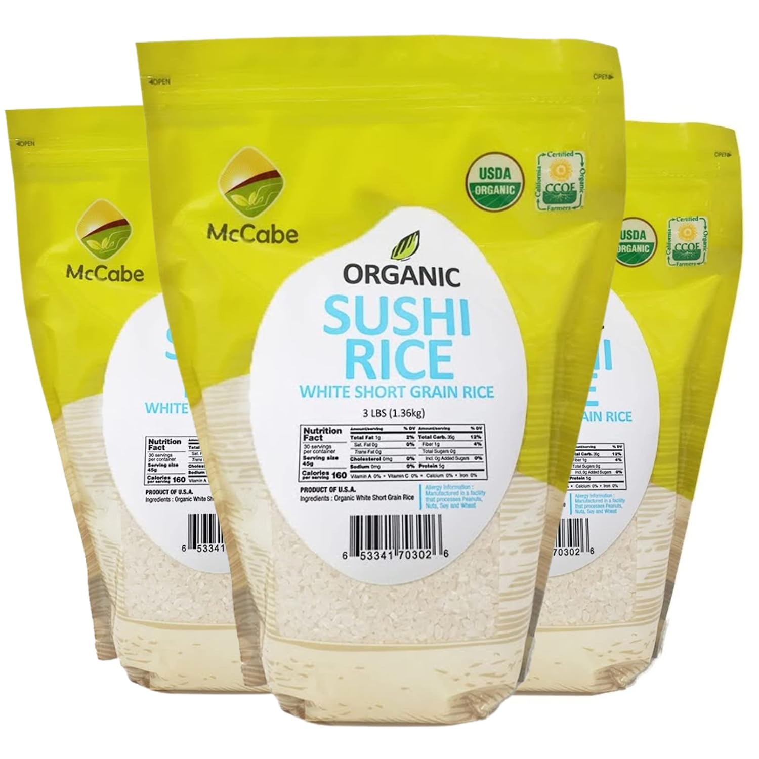 McCabe Organic Sweet Rice - Gluten Free & GMO-Free | Rich in Fibers and Minerals | USDA and CCOF Certified Organic | Product of USA | 3 Lbs