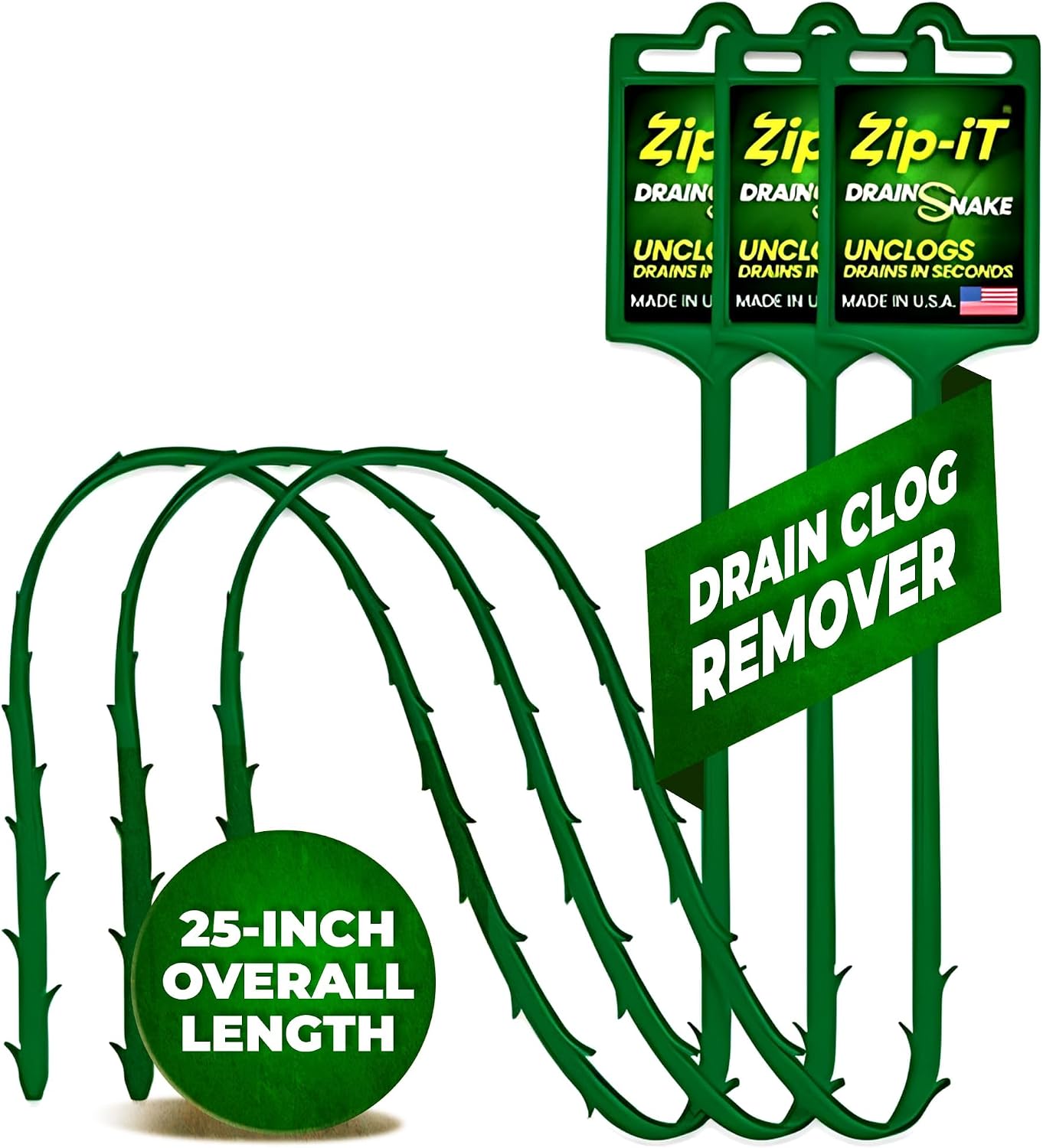 The original Zip-It Hair Clog Remover 25-inch Overall Length Drain Snake Cleaner (3-Pack), Unclog Your Sink, Shower