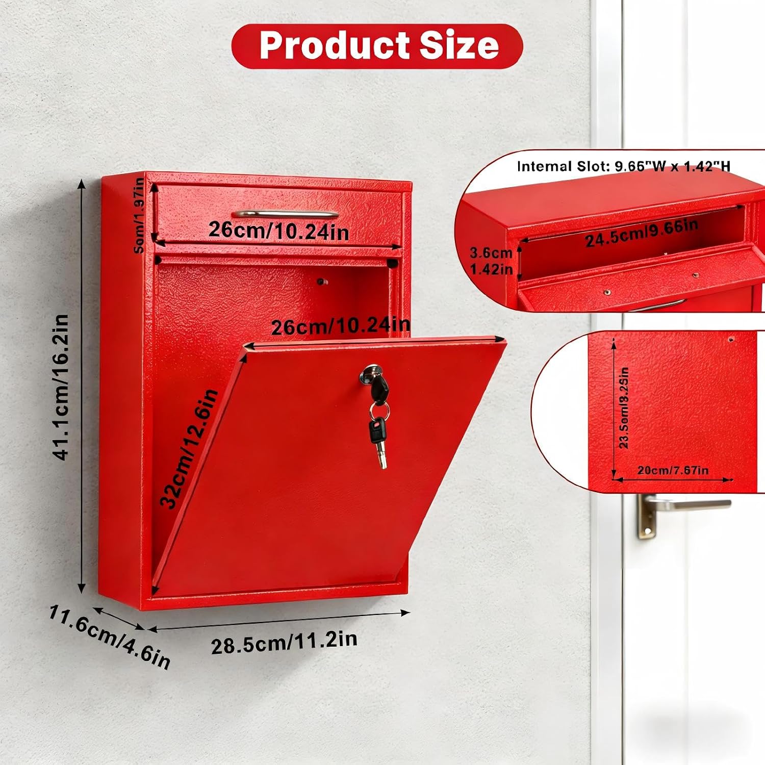 KYODOLED Steel Key Lock Mail Boxes Outdoor, Locking Wall Mount Mailbox, Security Lock Drop Box, Collection Boxes for Home, Office or Commercial,16.2H x 11.2L x 4.6W Inches, Black X Large