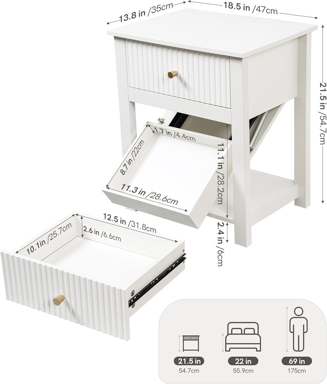 Nightstand with Gun Drawer White Bedside Table Hidden Compartment | Modern Farmhouse Side Table, Handgun Safe for Wood End Table, Open Shelf Storage