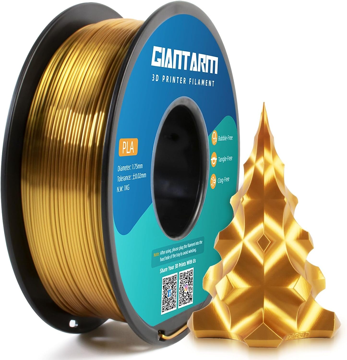 GIANTARM 3D Printer Filament, Silk Gold Pla Filament, 1Kg(2.2lbs) Spool, 1.75mm Dimension Accuracy +/- 0.03mm, 3D Printing Filament