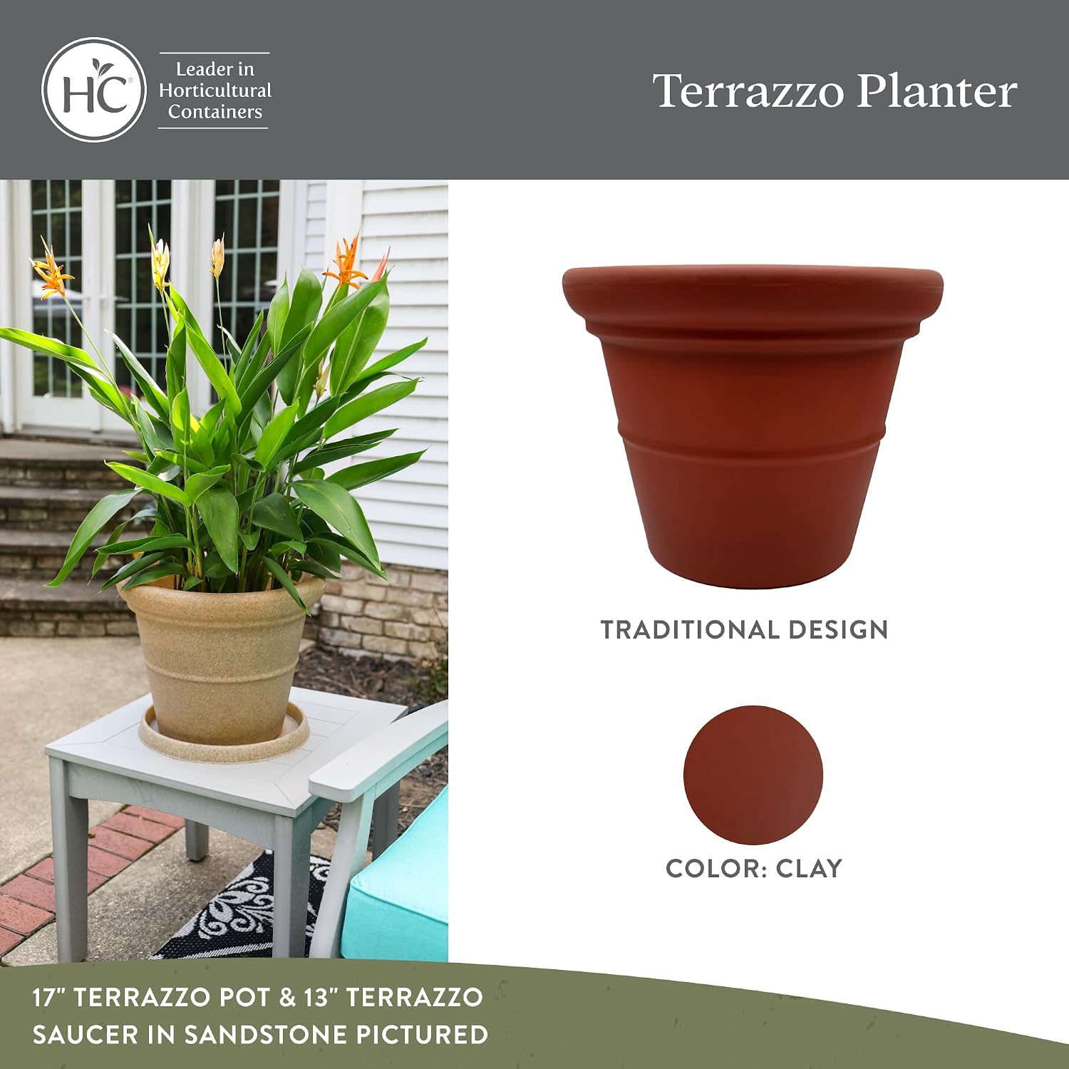The HC Companies Terrazzo Large Round Plastic Plant Pot w/Rolled Rim - Lightweight & UV Resistant Gardening Pot for Herbs & More - Outdoor & Indoor Plant Pots w/Drainage (17” Black)