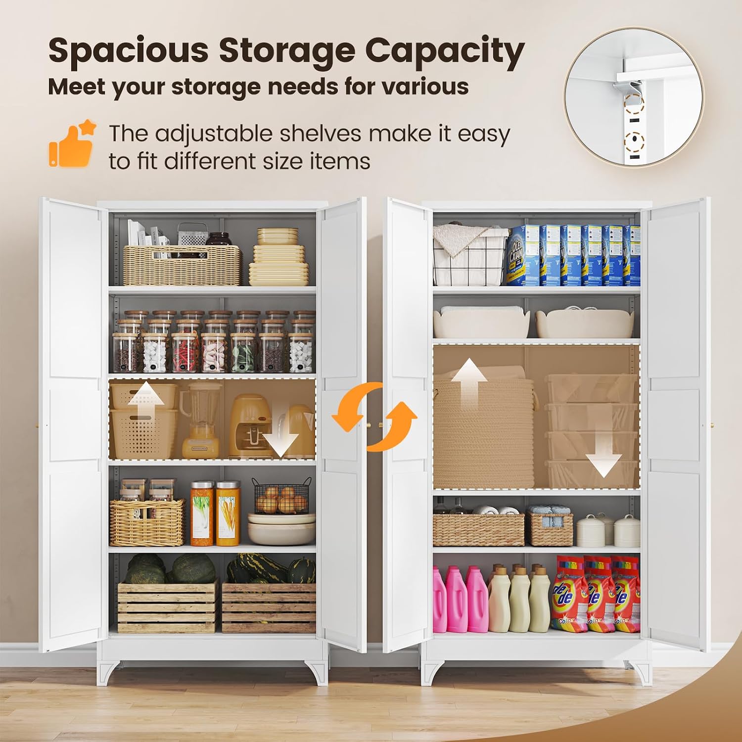 Metal Storage Cabinet with 2 Doors and 4 Adjustable Shelves - 61" White Kitchen Pantry Storage 5-Tier Tall Steel Cabinets Locker for Kitchen, Living Room, Dining Room