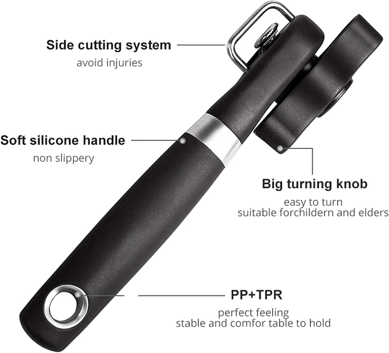 Side Cut Can Opener, Smooth Edge Manual Can Opener, Black