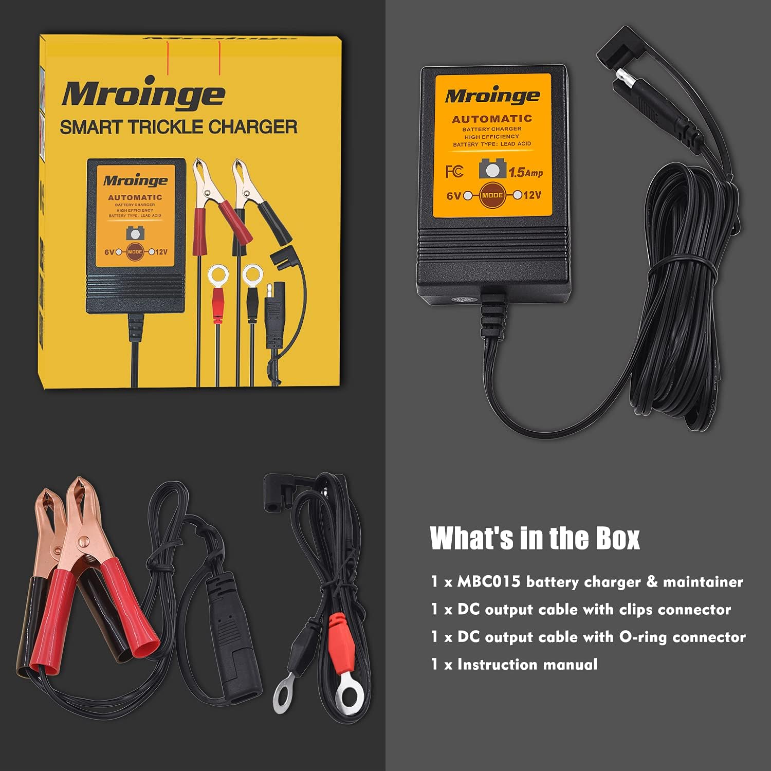 Smart Battery Charger, Mroinge 6V / 12V 1.5A Fully Automatic Trickle Charger/Maintainer for Motorcycle, ATV, Lawnmowers and More