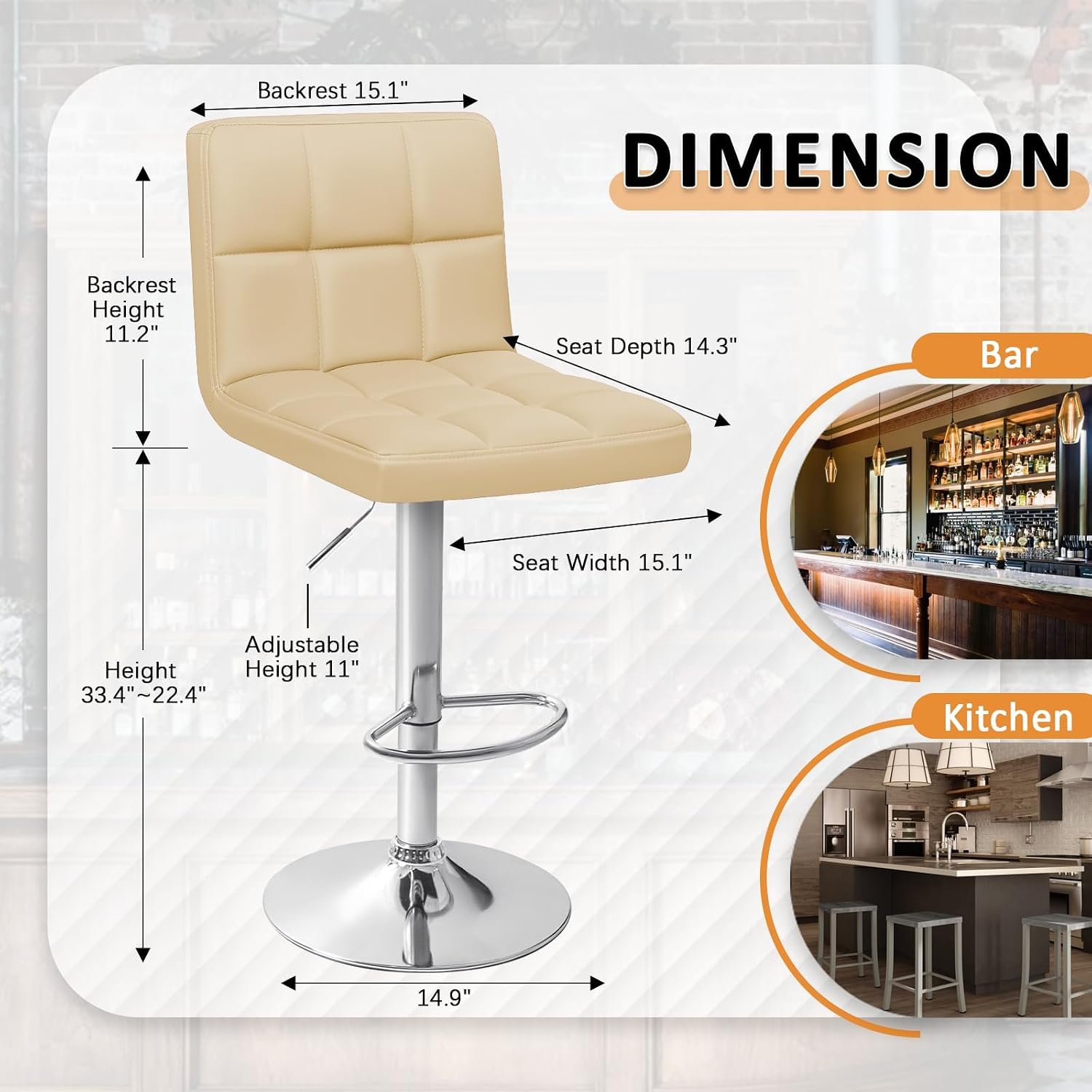 Homall Bar Stools Modern PU Leather Adjustable Swivel Barstools, Armless Hydraulic Kitchen Counter Bar Stool Extra Height Square Island Barstool with Back Set of 2 (Leather, White)
