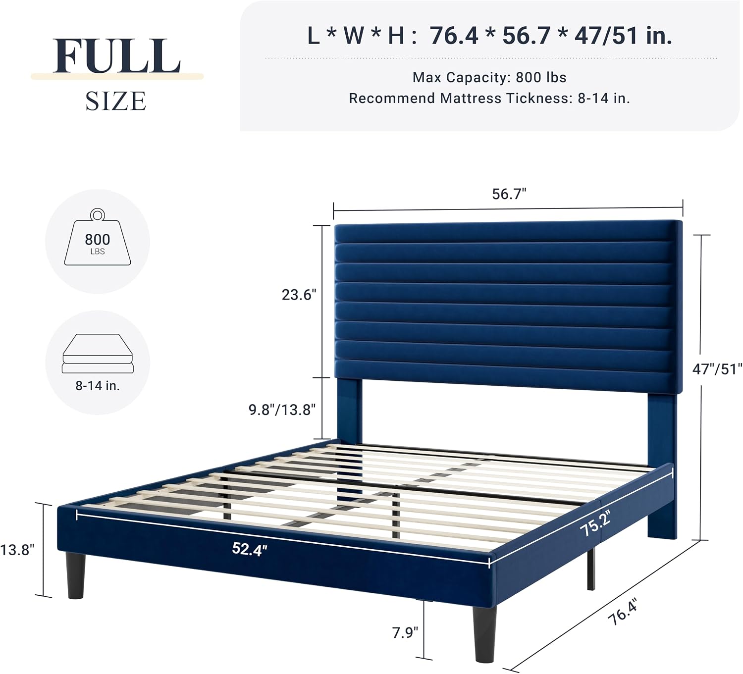 Allewie Queen Bed Frame, Velvet Upholstered Platform Bed with Adjustable Headboard, Horizontal Channel Design, Wood Slat Support, No Box Spring Needed, Noise Free, Easy Assembly, White