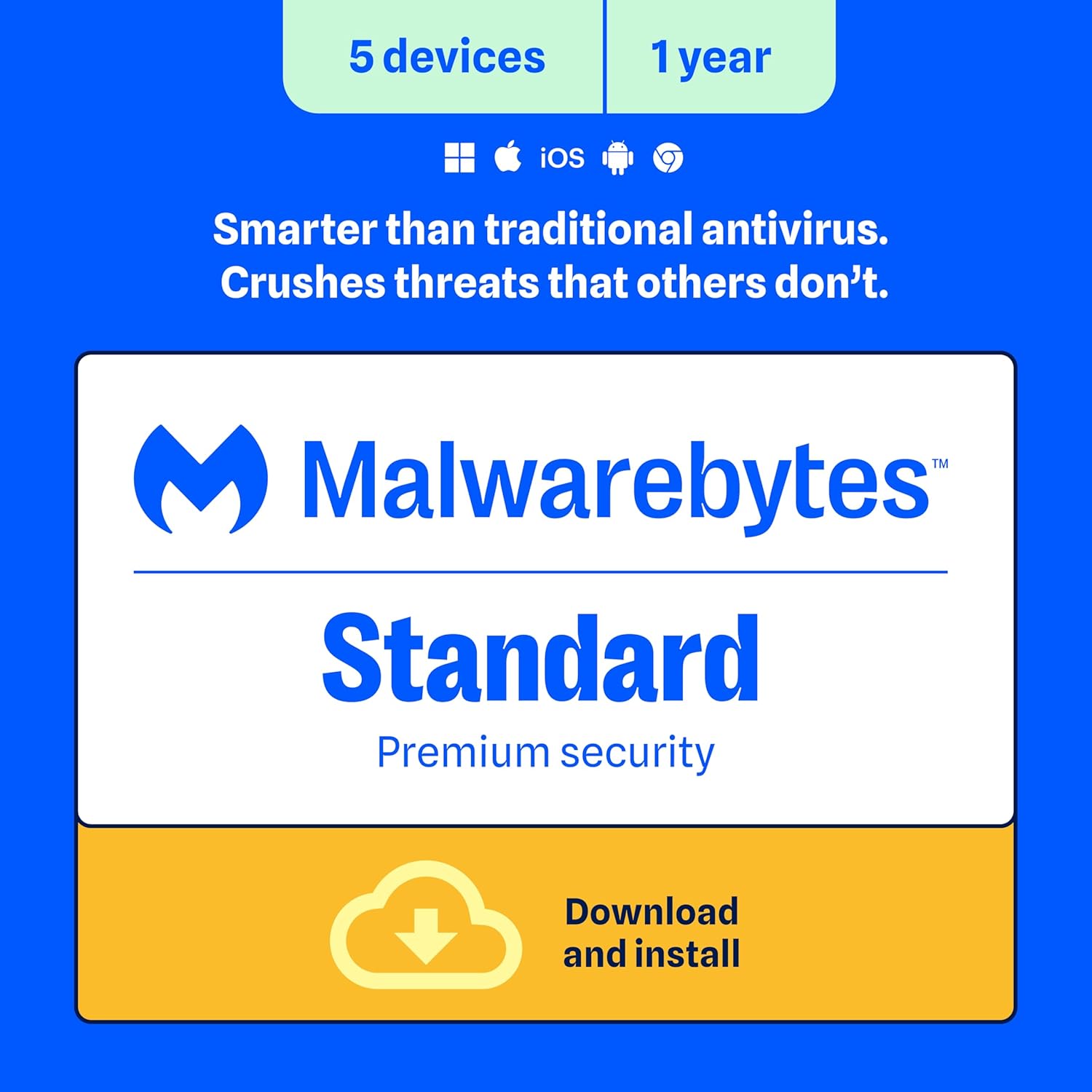 Malwarebytes Standard, Premium Security | 1 Year, 5 Device | Windows, Mac OS, Android, Apple iOS, Chrome [Online Code]