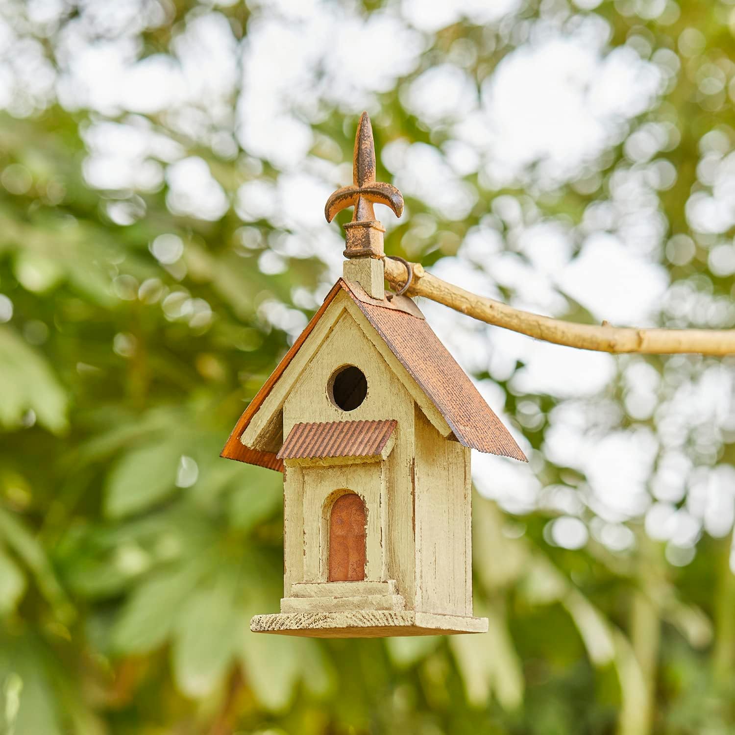 Glitzhome 14" H Hanging Distressed Wooden Church Birdhouse Garden Decor