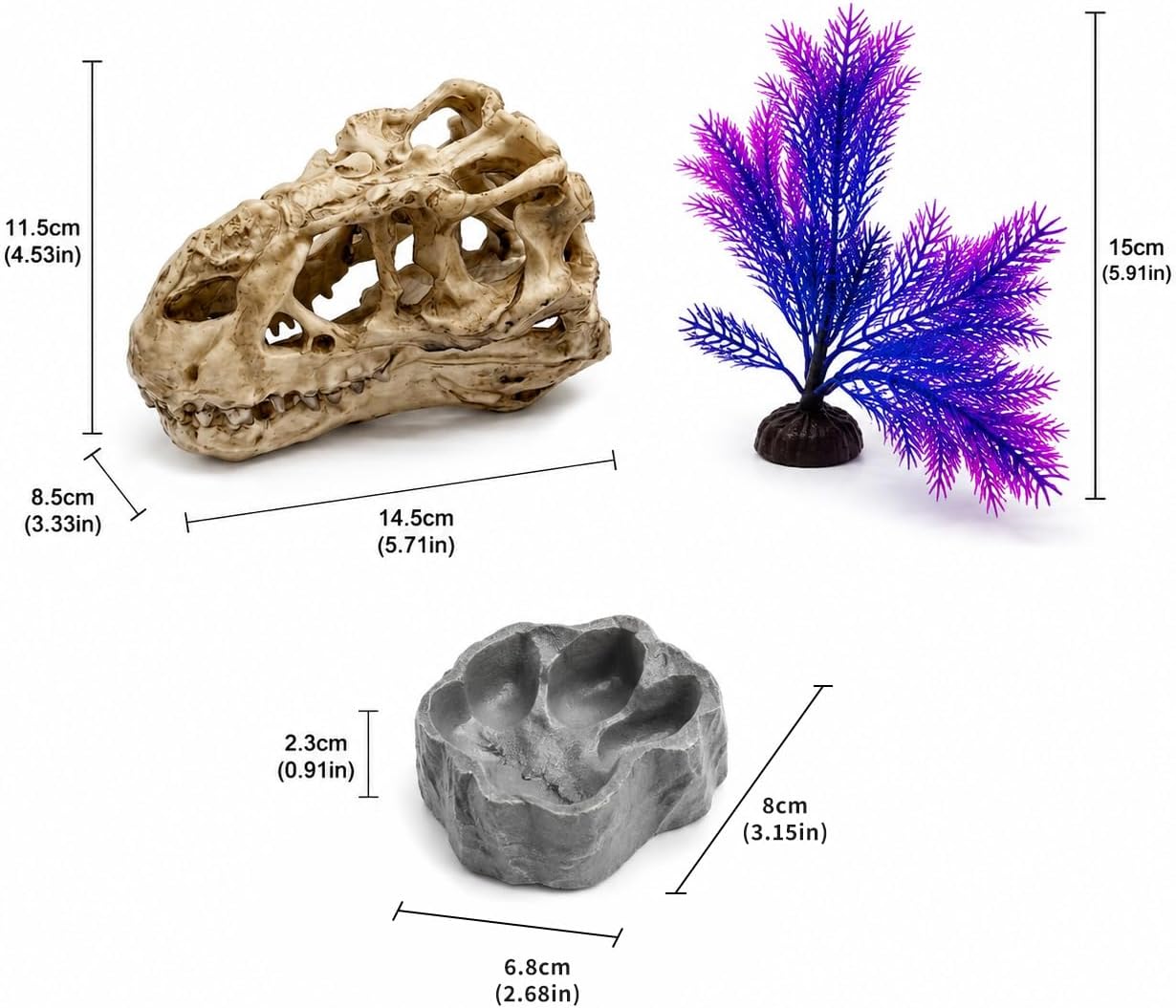 Reptile Tank Accessories Set, Dinosaur Skull Decor with Footprint Reptile Bowl and Artificial Plant, Bearded Dragon Tank Accessories