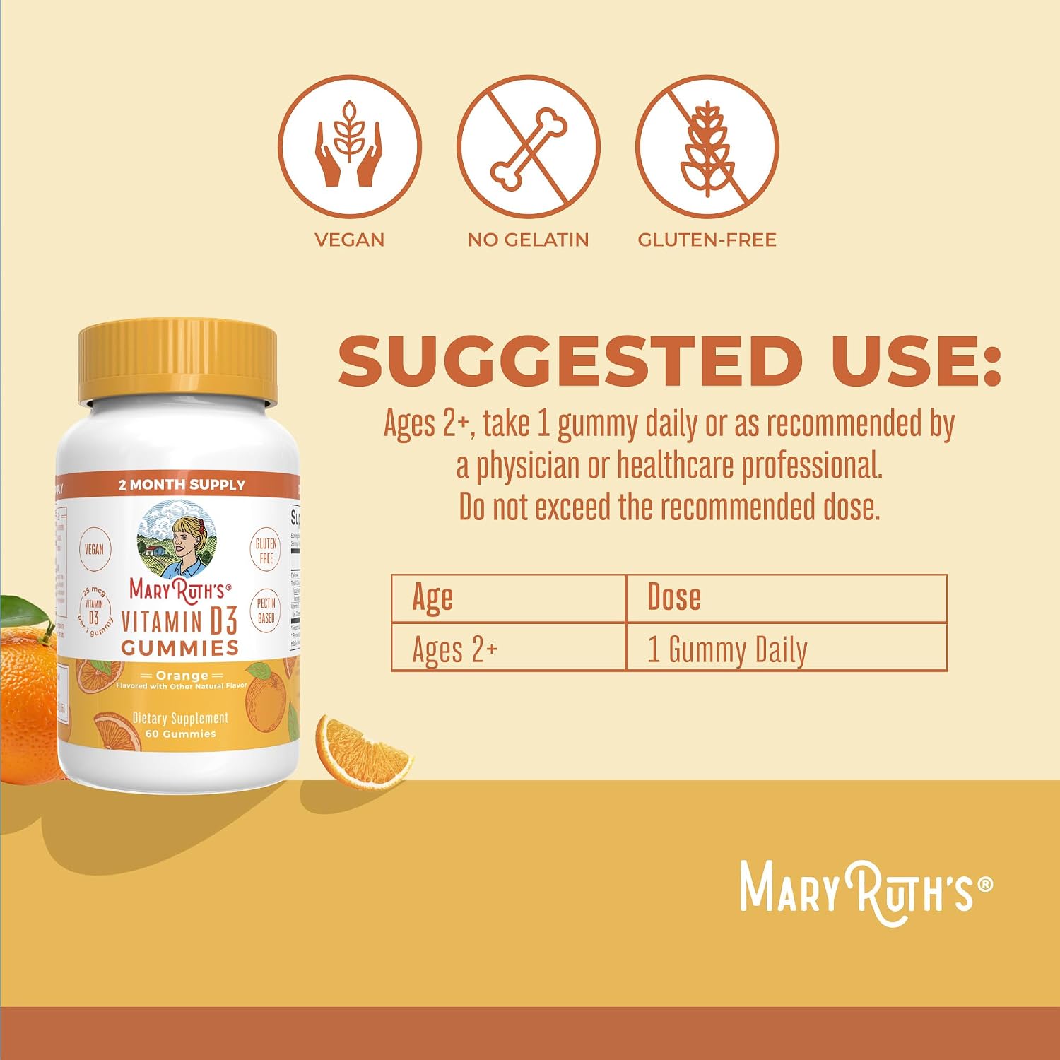 MARYRUTH'S Vitamin D3 Gummies, Adults & Kids Vitamin D, 60 Servings, Vegan | 2 Month Supply, Immune Support Supplement, 1000IU for Bone Health & Muscle Function, Vegan, Non-GMO, Gluten Free, 60 Count