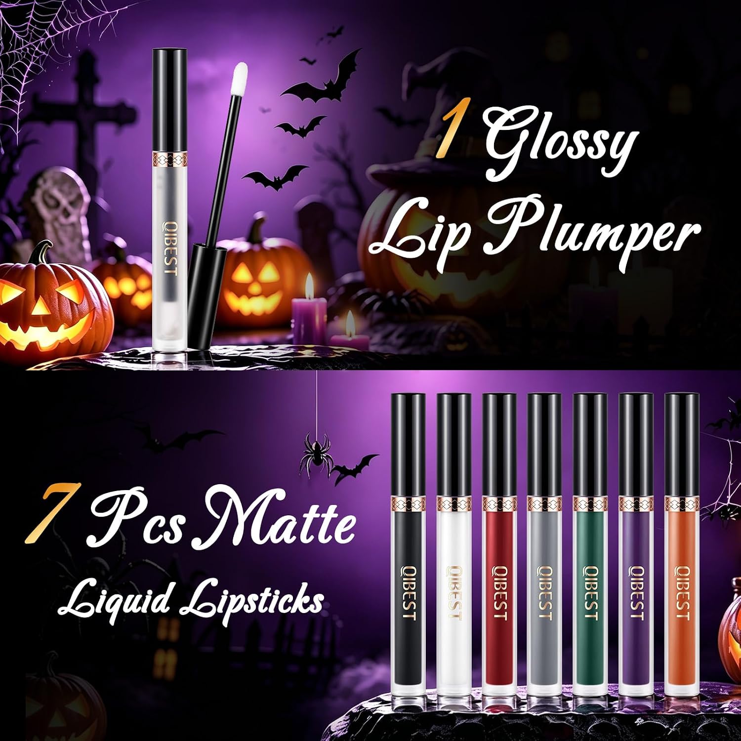 QiBest 7Pcs Matte Liquid Lipstick + 1Pcs Lip Plumper Makeup Set Kit, Pigmented Long Lasting Lip Gloss Set