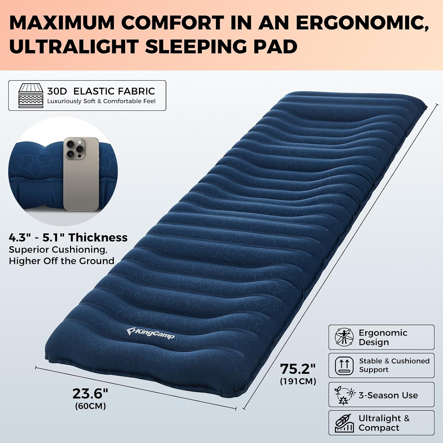 KingCamp Premium Double Camping Mattress, 7.5 R-Value, 2 Person Black