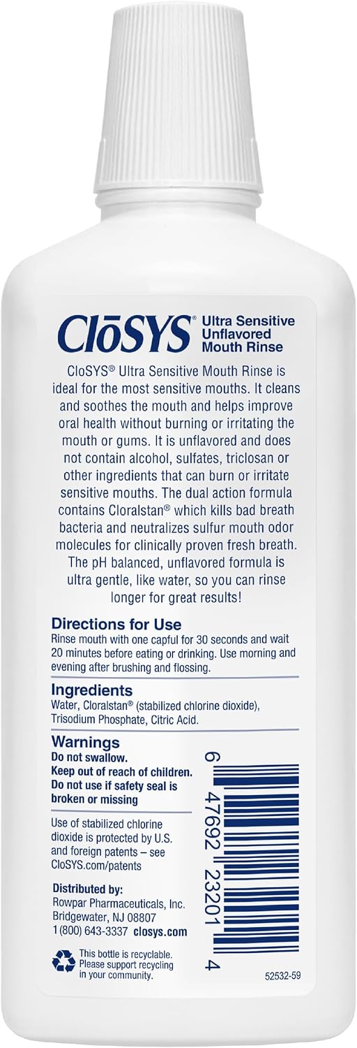 CloSYS Ultra Sensitive Mouthwash, 32 Oz, Alcohol Free Mouthwash, Unflavored Mouth Wash, Dye Free, pH Balanced, Helps Soothe Entire Mouth | Unflavored Mouth Wash, Dye Free, pH Balanced, Helps Soothe Entire Mouth