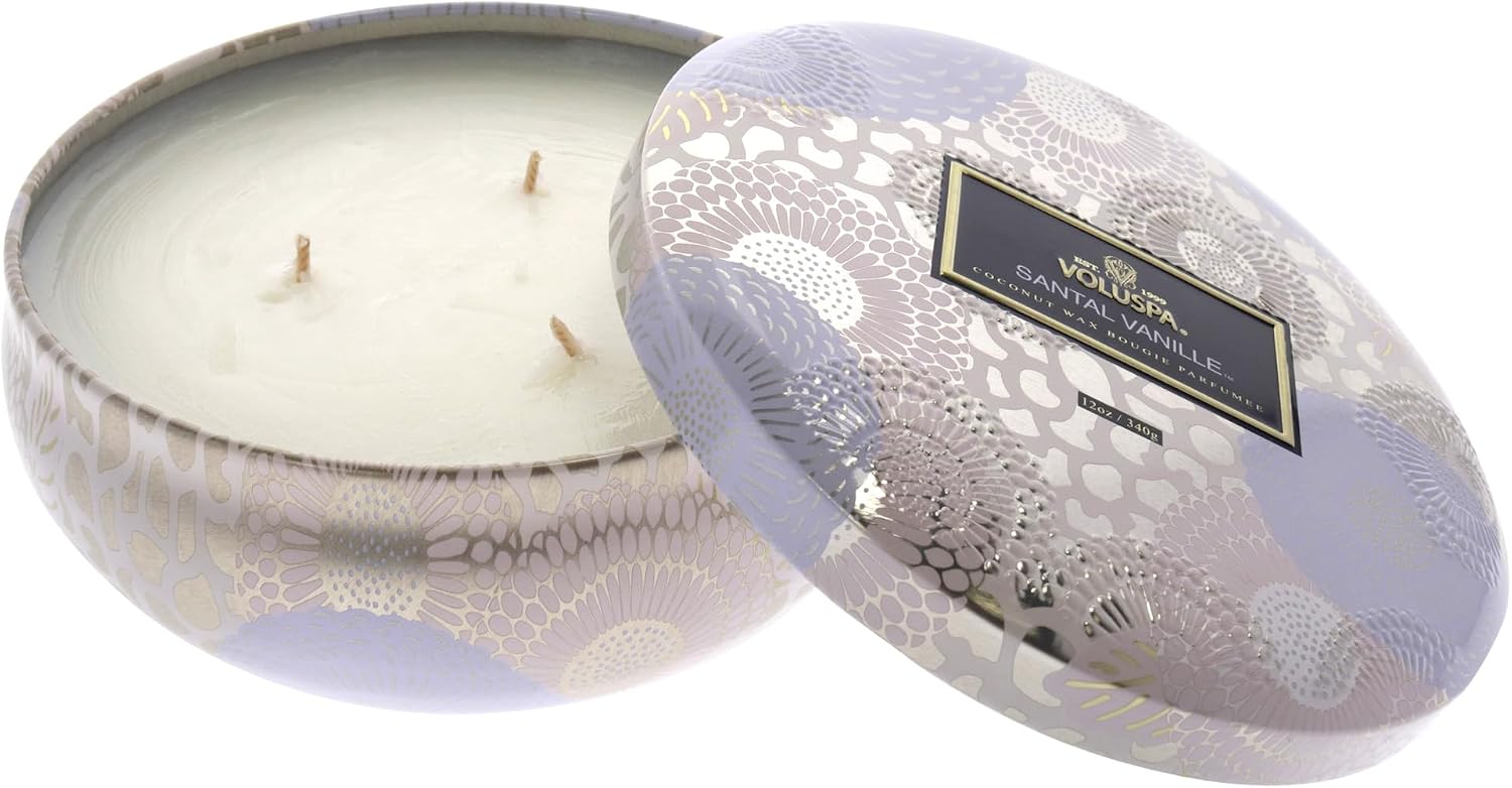 Voluspa Santal Vanille, 3 Wick Tin Candle, 12 oz, 40 Hour Burn Time, Coconut Wax for Clean Burning, Handcrafted in the USA