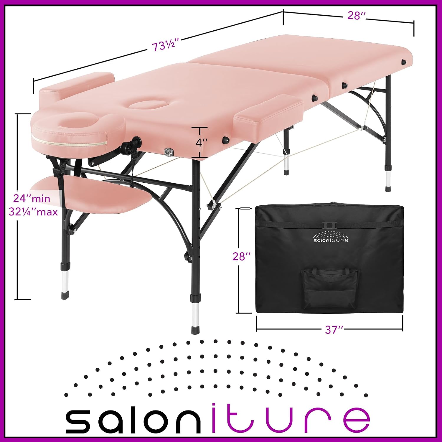 Saloniture Professional Portable Lightweight Bi-Fold Massage Table with Aluminum Legs - Includes Headrest, Face Cradle