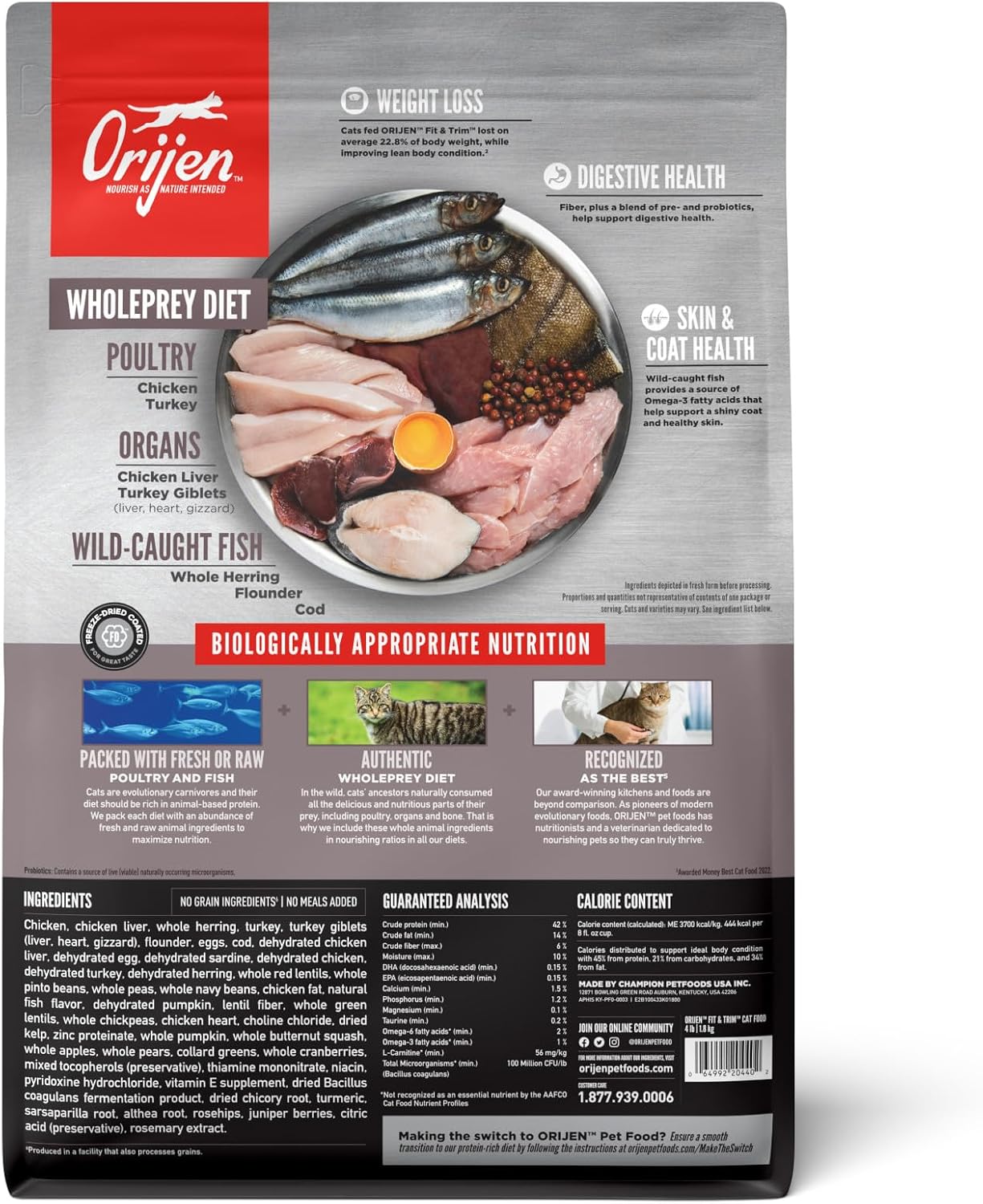 ORIJEN Grain Free WHOLEPREY Dry Cat Food Original Recipe 4lb. Bag | 90% Animal Ingredients, Freeze Dried, Fresh or Raw Ingredients, High Protein, Heart Health, Free-Run Poultry