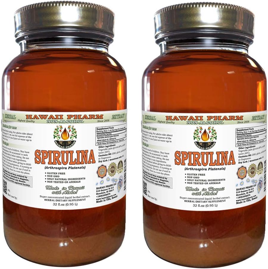 Hawaii Pharm Spirulina Alcohol-Free Liquid Extract, Professional Grade, Small Batch Crafted Spirulina (Arthrospira platensis) Dried Algae Glycerite Natural Herbal Supplement, 2 fl.oz