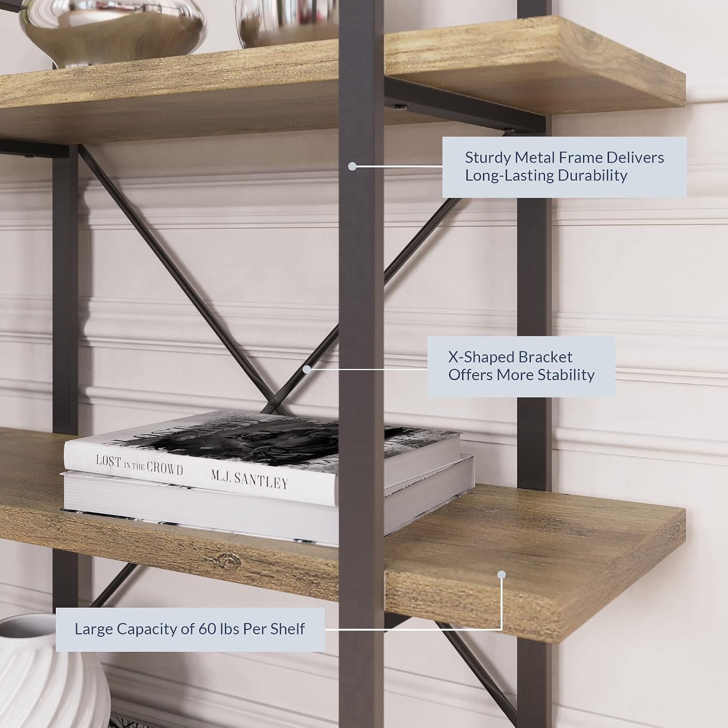 BELLEZE 4 Tier Modern Rustic Industrial Bookshelf, Open Wide Office Etagere Book Shelf