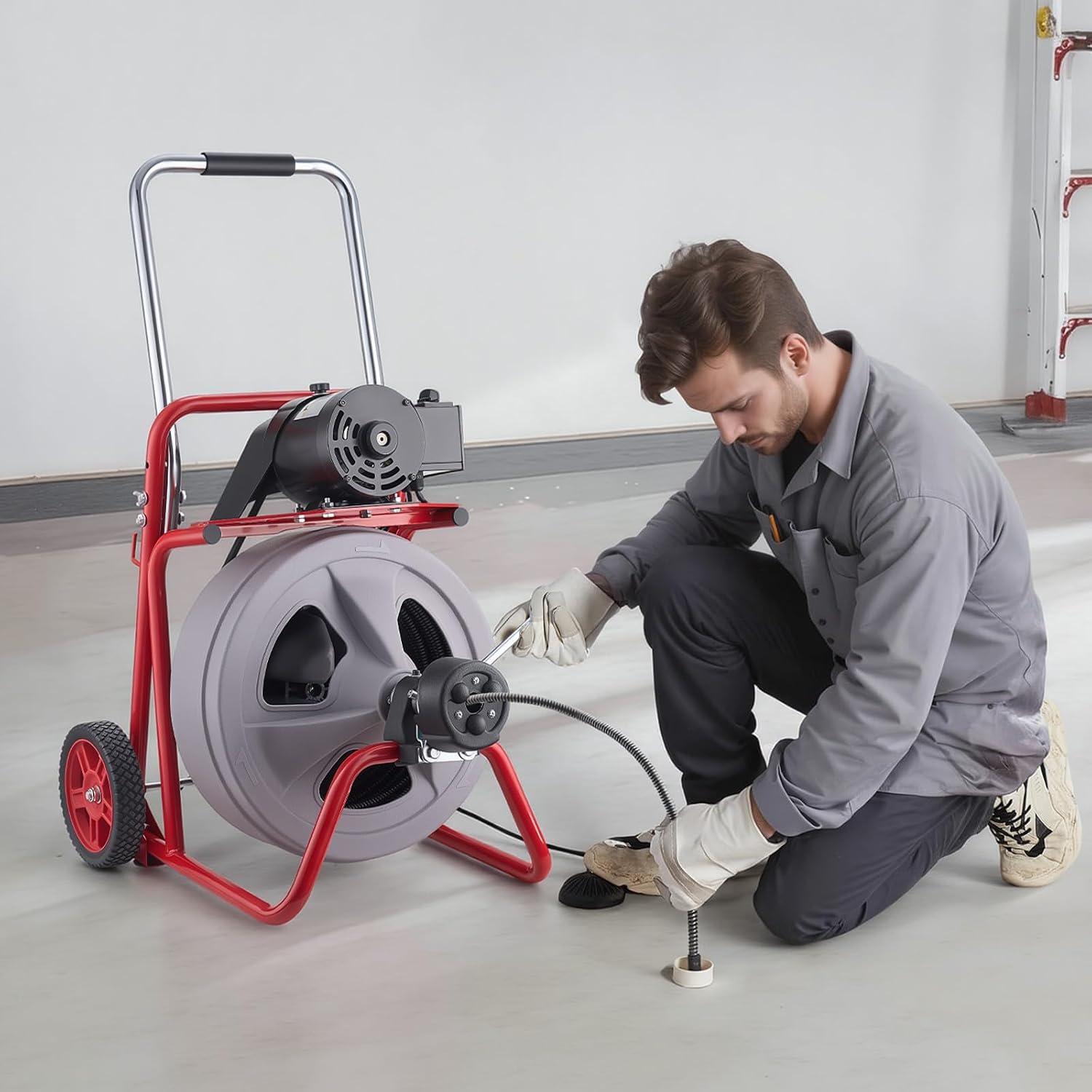 VEVOR Drain Cleaner Machine 100 FT x 1/2 Inch, Auto Feed Sewer Snake Drain Auger on Wheels, Portable Drain Cleaning Machine with 8 Cutters & Air-Activated Foot Switch for 2" to 6" Pipes