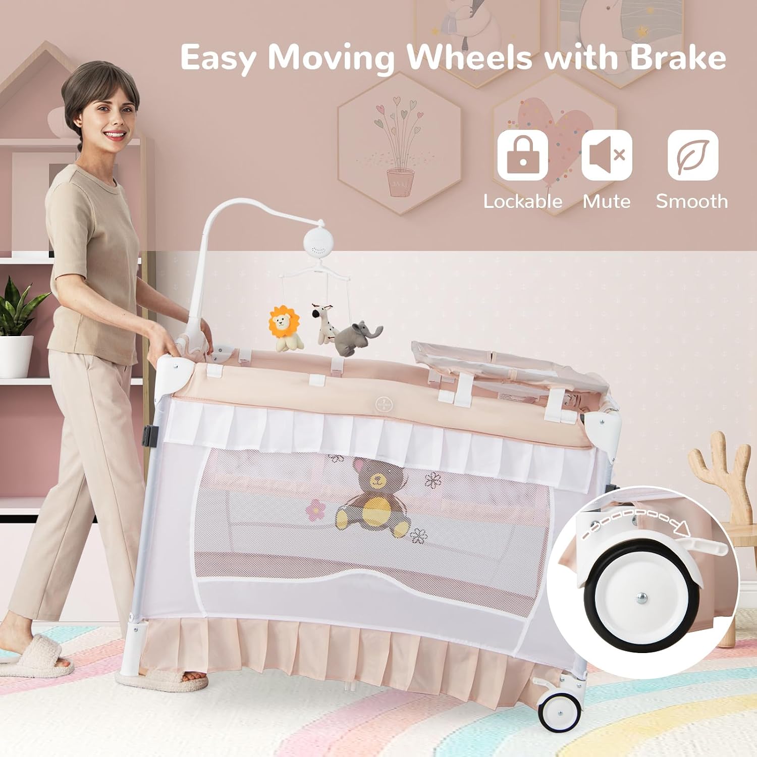 HONEY JOY 4-in-1 Pack and Play with Canopy, Portable Baby Playard w/Changing Table and Infant Bassinet Cute Toys & Music
