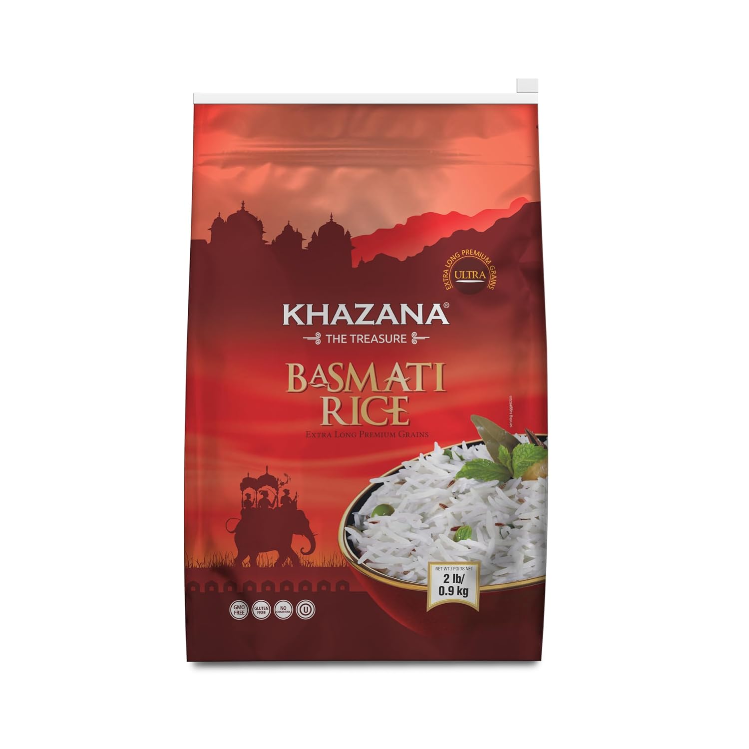 Authentic Extra Long Basmati Rice by Khazana in 10 lb Bag - Aromatic and Flavorful Indian Grain - Non-GMO, Gluten Free, Kosher, Cholesterol Free