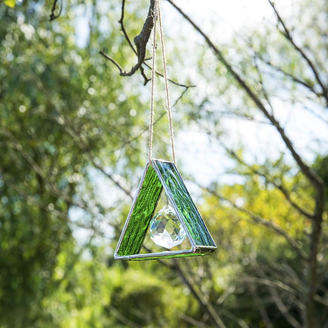 Green Stained Glass Pyramid Suncatcher Window Hanging Prism Decor