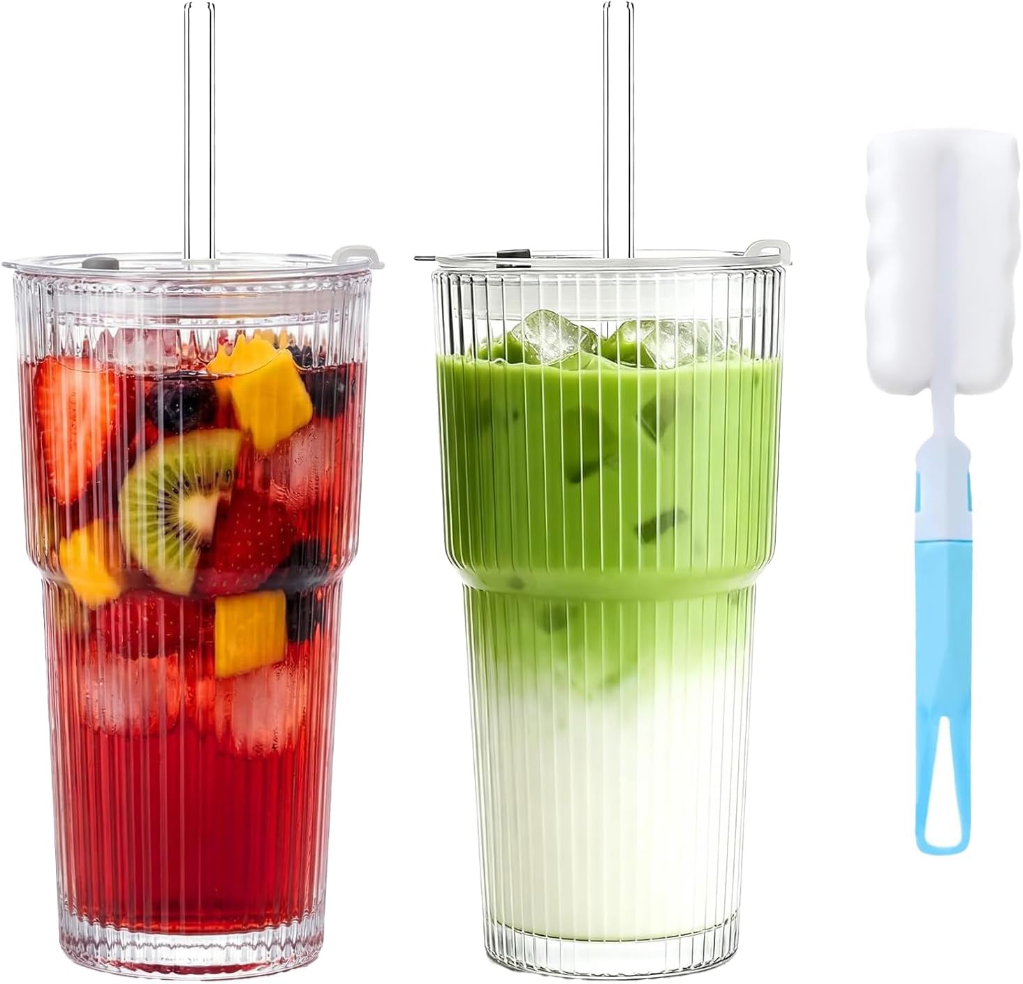 Glass Cups with Lids and Straws, 2Pcs 20oz Glass Coffee Cups Leak Proof | Ribbed Thick Reusable Glass Tumbler with Straw and Lid, Fits Car Cup Holder