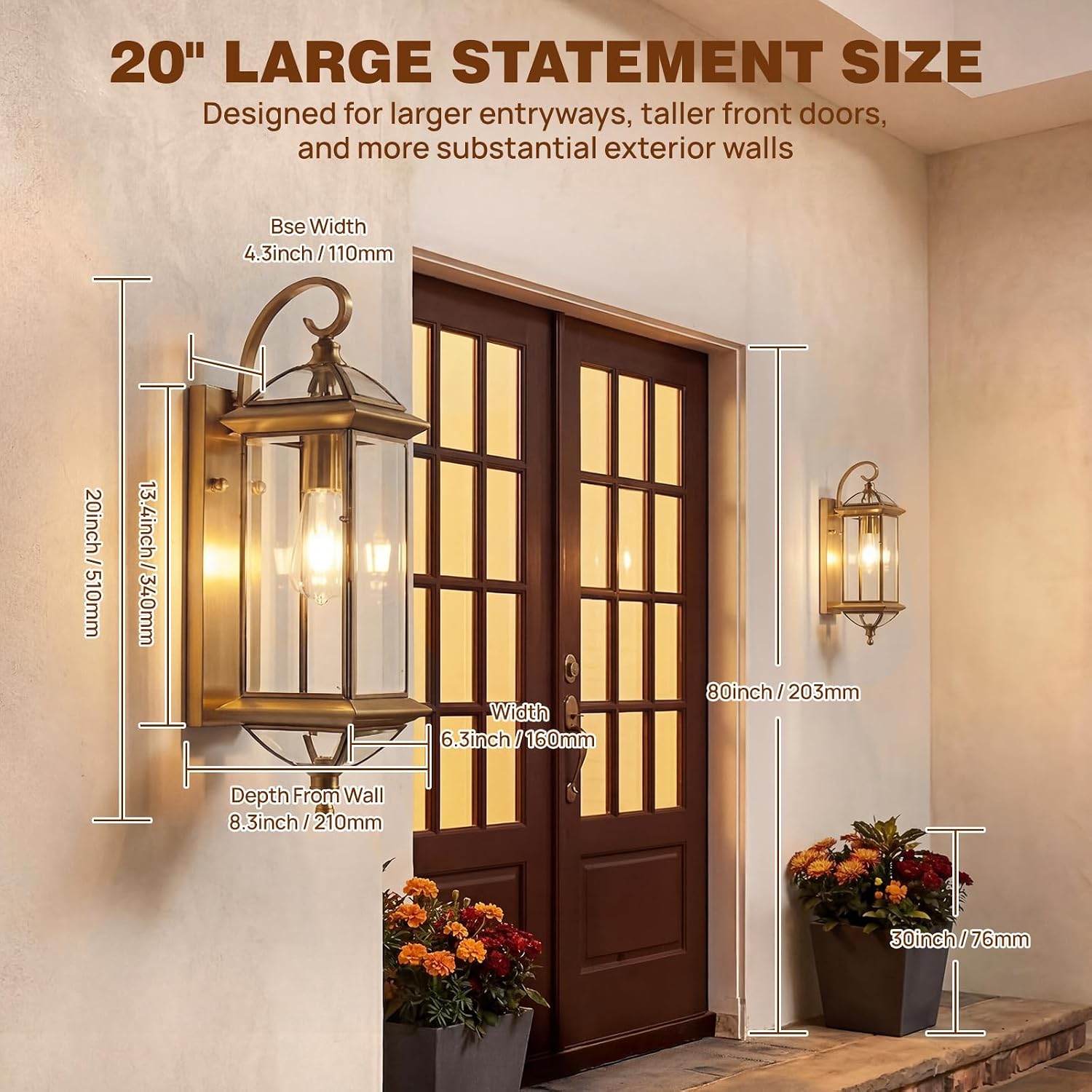 Solid Copper Outdoor Wall Light, 18.5" Oil Rubbed Bronze Porch Lantern with Clear Beveled Glass, Exterior Wall Sconce for Front Door, Garage